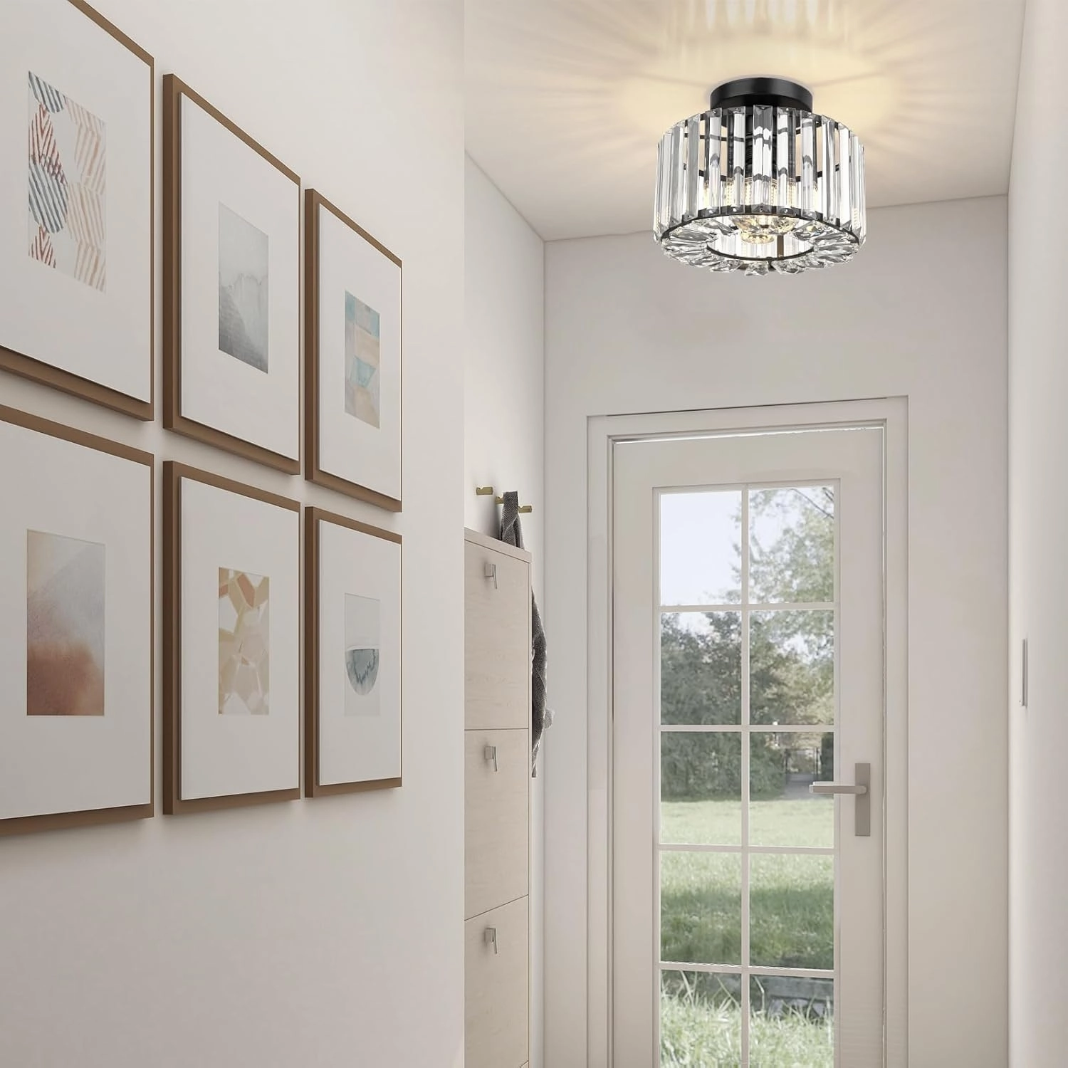 FRIDEKO HOME Semi Flush Mount Ceiling Light - Crystal Hallway Light Mini Chandelier Kitchen Lighting Fixtures Ceiling Black Flush Mount Lights for Bedroom Bathroom Entryway Dining Room Porch