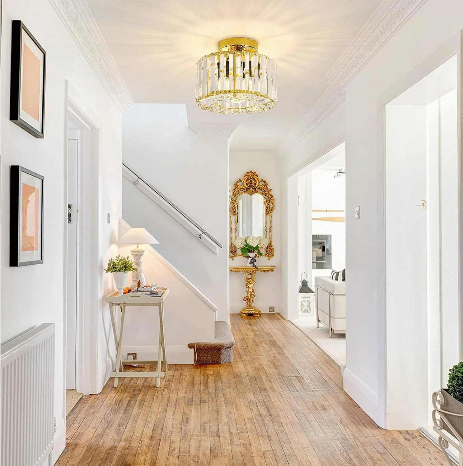 FRIDEKO HOME Semi Flush Mount Ceiling Light - Hallway Light Fixtures Ceiling Crystal Chandelier Gold Bedroom Chandelier for Entryway Bathroom Living Room