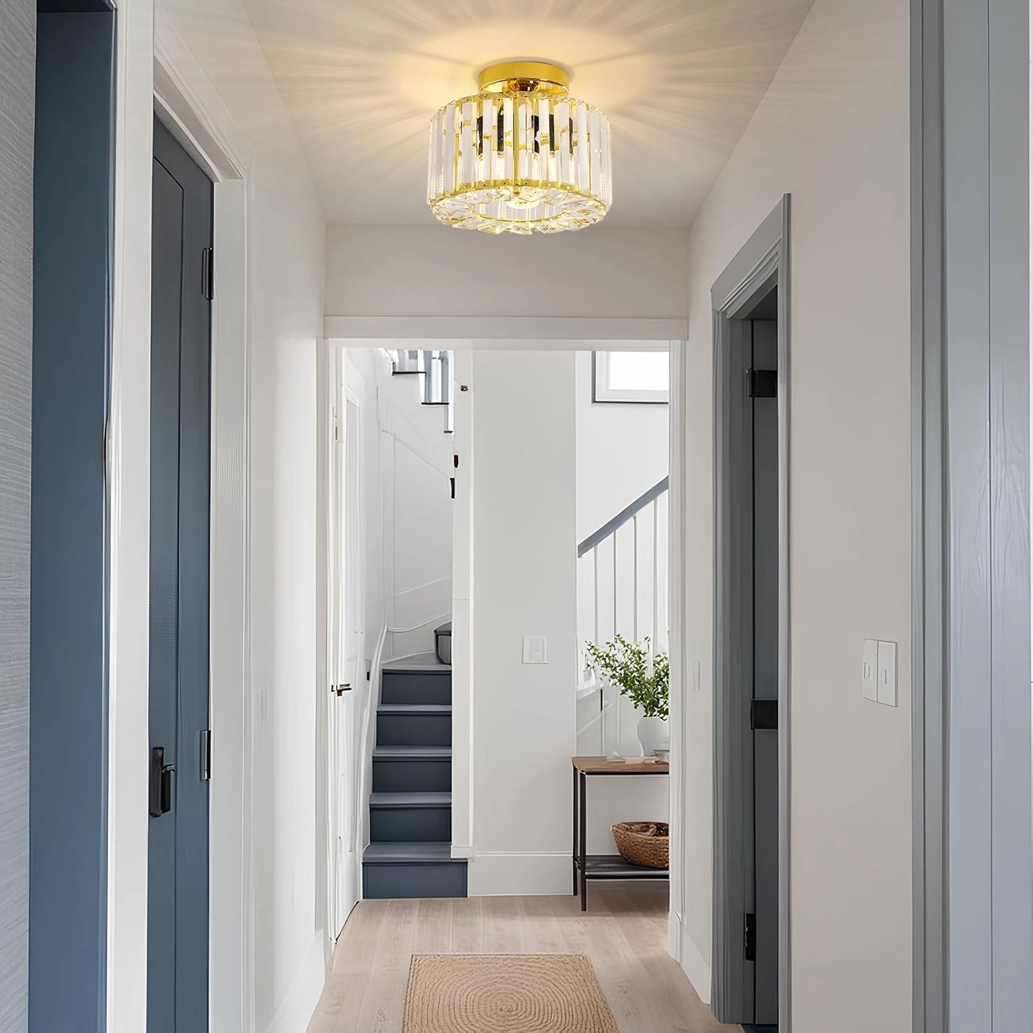 FRIDEKO HOME Semi Flush Mount Ceiling Light - Hallway Light Fixtures Ceiling Crystal Chandelier Gold Bedroom Chandelier for Entryway Bathroom Living Room