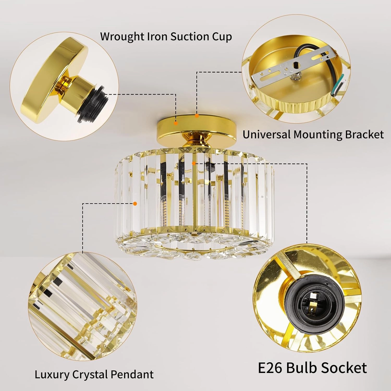 FRIDEKO HOME Semi Flush Mount Ceiling Light - Hallway Light Fixtures Ceiling Crystal Chandelier Gold Bedroom Chandelier for Entryway Bathroom Living Room