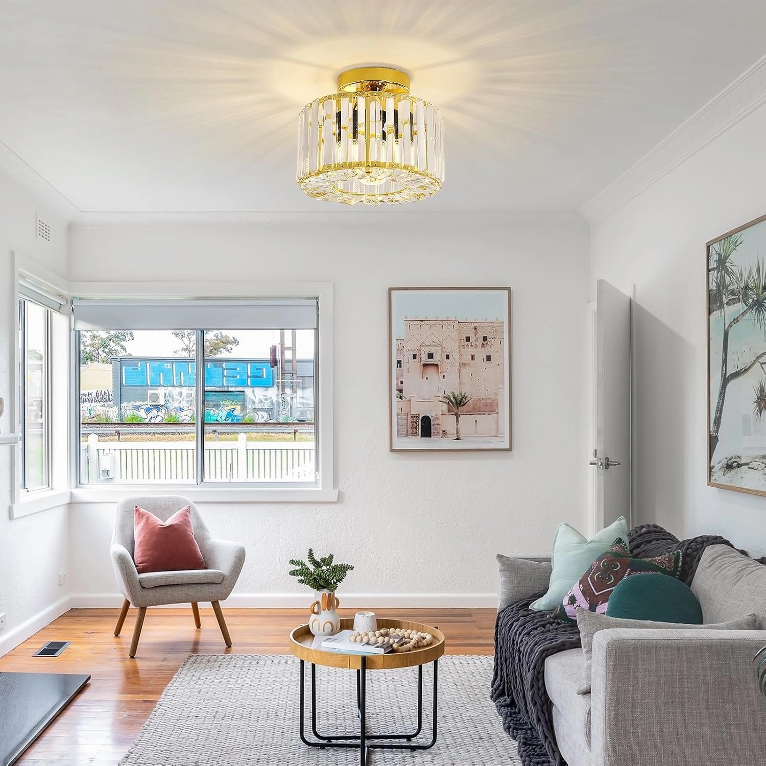 FRIDEKO HOME Semi Flush Mount Ceiling Light - Hallway Light Fixtures Ceiling Crystal Chandelier Gold Bedroom Chandelier for Entryway Bathroom Living Room