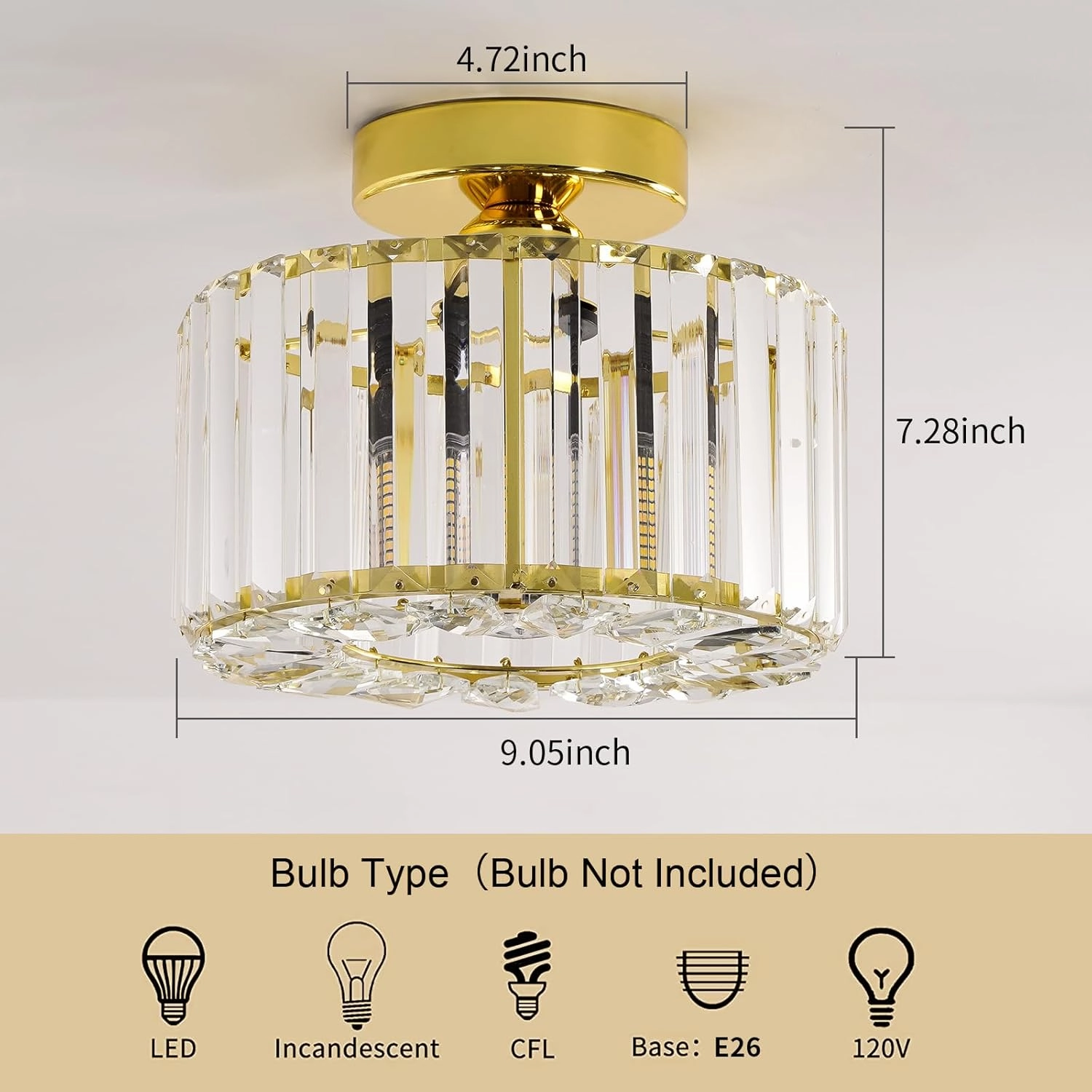 FRIDEKO HOME Semi Flush Mount Ceiling Light - Hallway Light Fixtures Ceiling Crystal Chandelier Gold Bedroom Chandelier for Entryway Bathroom Living Room