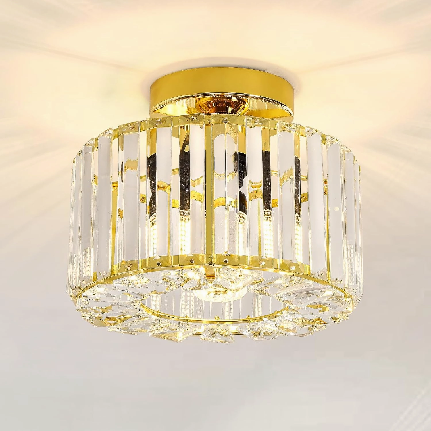 FRIDEKO HOME Semi Flush Mount Ceiling Light - Hallway Light Fixtures Ceiling Crystal Chandelier Gold Bedroom Chandelier for Entryway Bathroom Living Room