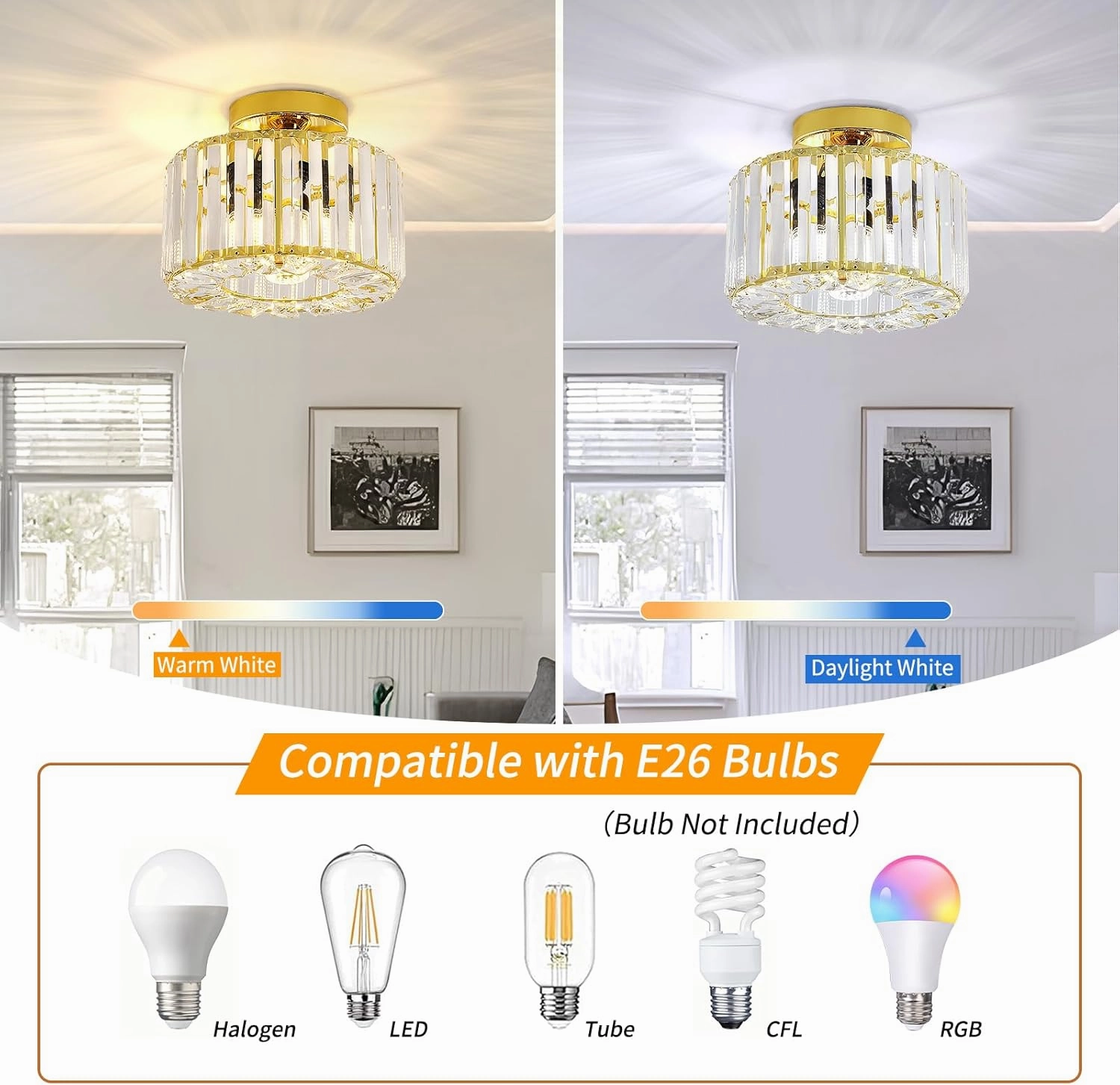 FRIDEKO HOME Semi Flush Mount Ceiling Light - Hallway Light Fixtures Ceiling Crystal Chandelier Gold Bedroom Chandelier for Entryway Bathroom Living Room