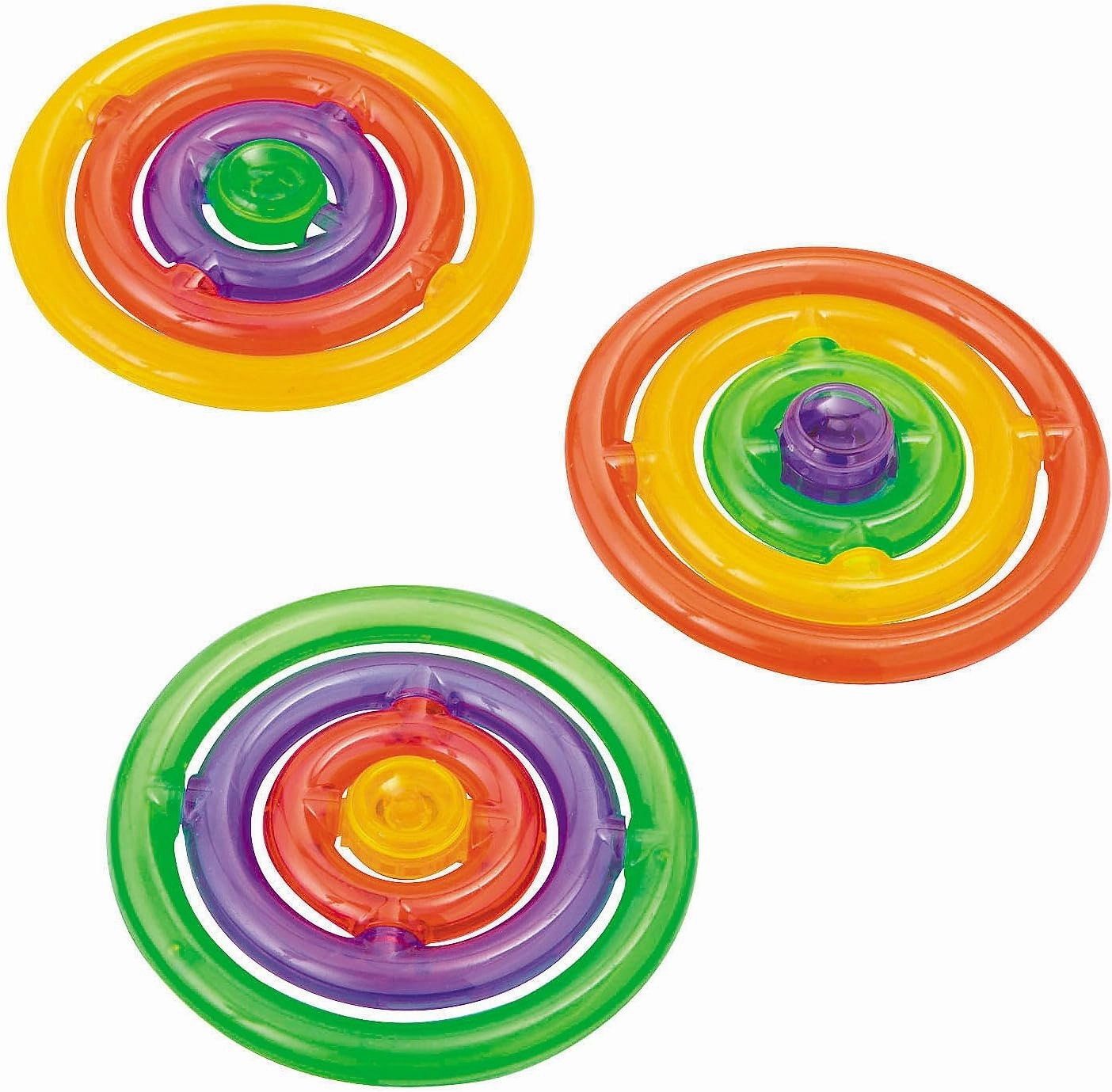 Fun Express 3 1/2" diam. Multicolor Plastic Gyroscope Maze Puzzle Fidget Spinners – 12 Pieces