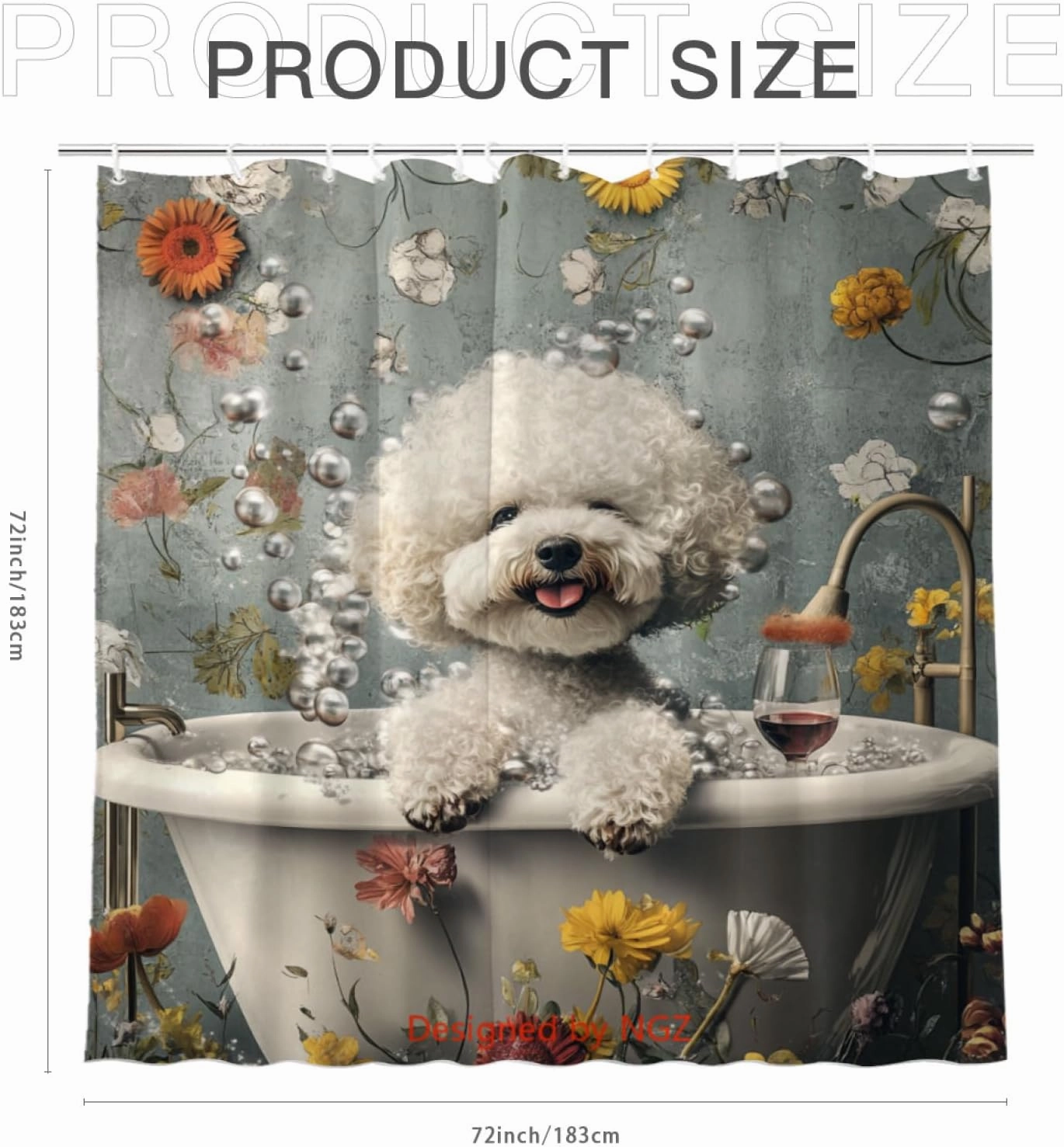 Funny Bichon Frise Shower Curtain, SPA Bichon Frise with Wine, Grey Shower Curtain, 72x72 Inches Floral Shower Curtains for Bathroom, Bath Curtains Set with 12 Hooks