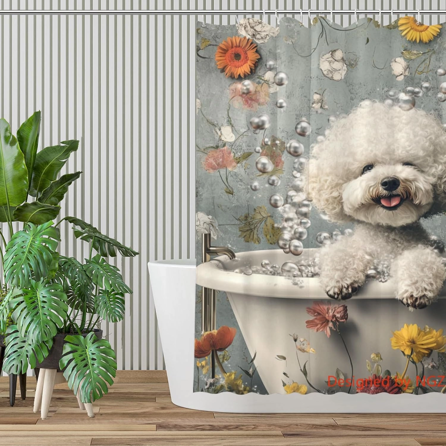 Funny Bichon Frise Shower Curtain, SPA Bichon Frise with Wine, Grey Shower Curtain, 72x72 Inches Floral Shower Curtains for Bathroom, Bath Curtains Set with 12 Hooks