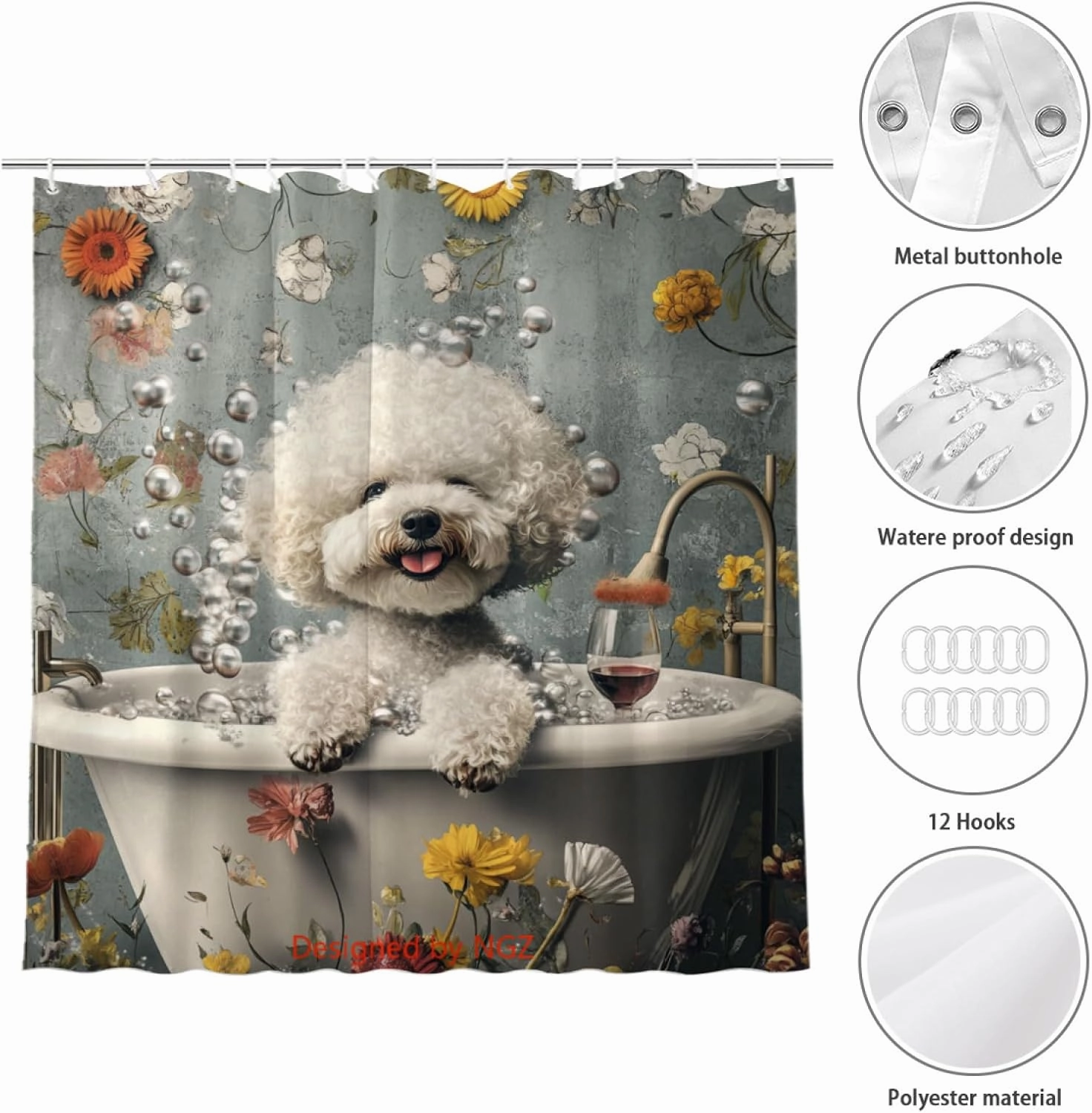 Funny Bichon Frise Shower Curtain, SPA Bichon Frise with Wine, Grey Shower Curtain, 72x72 Inches Floral Shower Curtains for Bathroom, Bath Curtains Set with 12 Hooks