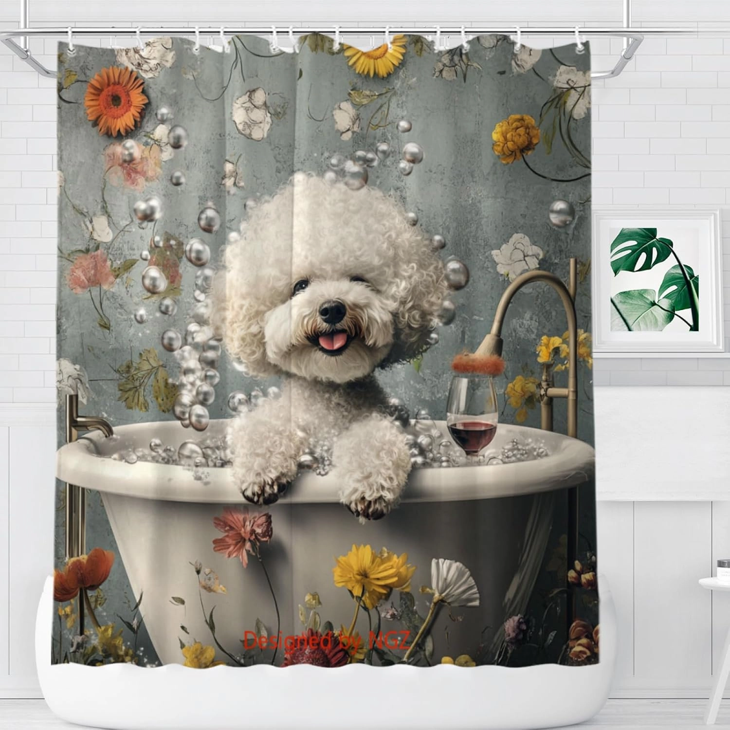 Funny Bichon Frise Shower Curtain, SPA Bichon Frise with Wine, Grey Shower Curtain, 72x72 Inches Floral Shower Curtains for Bathroom, Bath Curtains Set with 12 Hooks