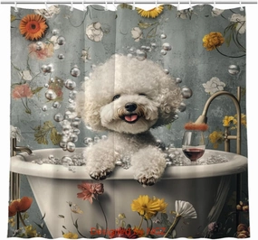 Funny Bichon Frise Shower Curtain, SPA Bichon Frise with Wine, Grey Shower Curtain, 72x72 Inches Floral Shower Curtains for Bathroom, Bath Curtains Set with 12 Hooks