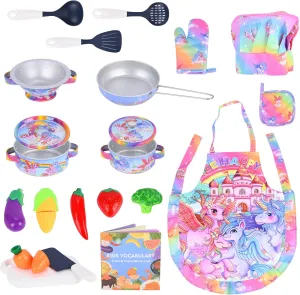 FUQUN 20Pcs Kitchen Toys for Toddlers 3-6, Play Kitchen Accessories with Pans and Pots, Mini Stainless Steel Pretend Play Cooking Toys Set, Toy Food for Kids Kitchen Set