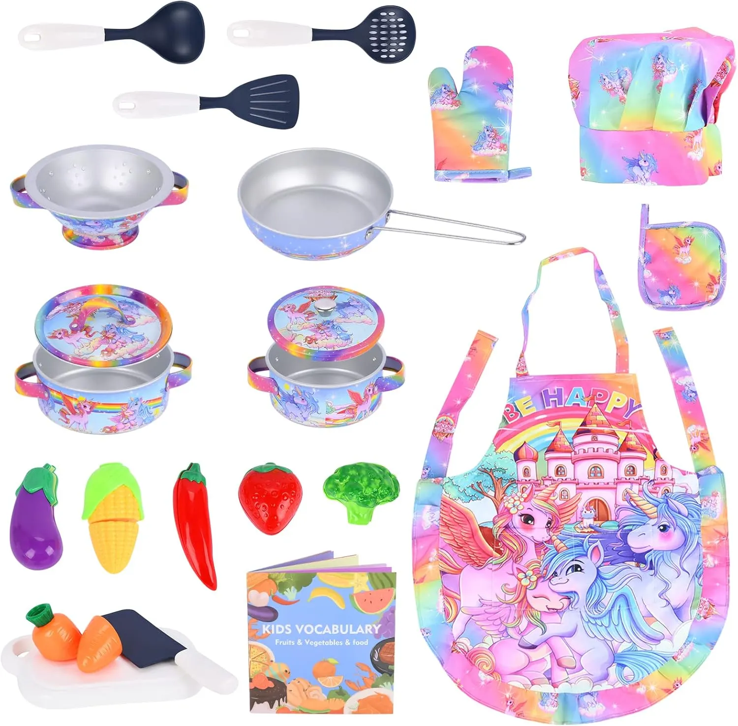 FUQUN 20Pcs Kitchen Toys for Toddlers 3-6, Play Kitchen Accessories with Pans and Pots, Mini Stainless Steel Pretend Play Cooking Toys Set, Toy Food for Kids Kitchen Set