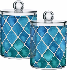 Fustylead 2 Pack Blue-green Squares Qtip Holder Dispensers, Bathroom Storage Canister Plastic Apothecary Jar Set for Cotton Swabs, Ball, Pads, Floss