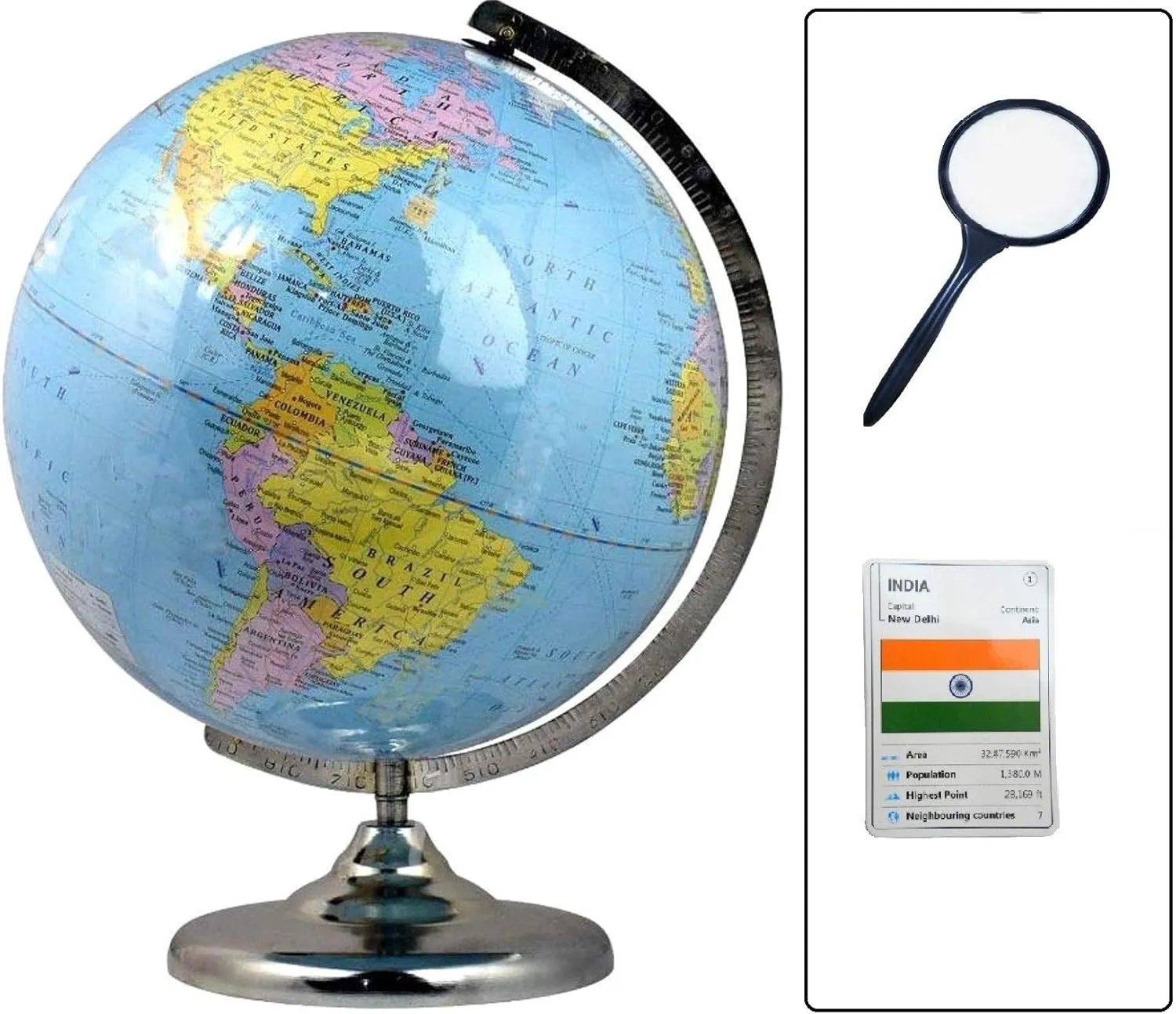 GeoKraft Political Educational Laminated 12 Inch Large Globe with Magnifying Glass /Steel Finish Arc and Base / World Globe / Home Decor / Office Decor / Gift Item (Blue,Pack of 1 set)