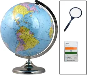 GeoKraft Political Educational Laminated 12 Inch Large Globe with Magnifying Glass /Steel Finish Arc and Base / World Globe / Home Decor / Office Decor / Gift Item (Blue,Pack of 1 set)