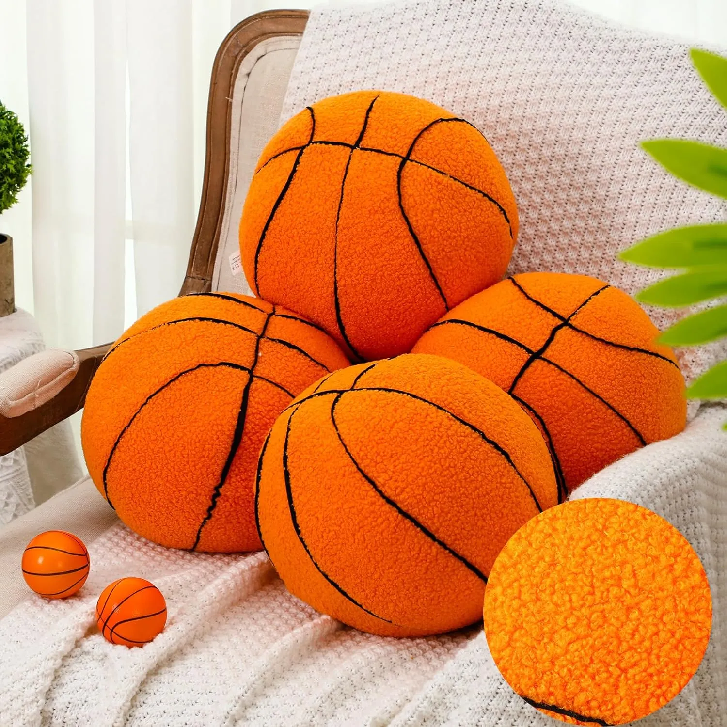 Gerrii 4 Pcs 3D Plush Basketball Pillows 10 Inch Soft Stuffed Sports Ball Throw Pillows Cute Cushions for Bedroom Nursery Room Decoration