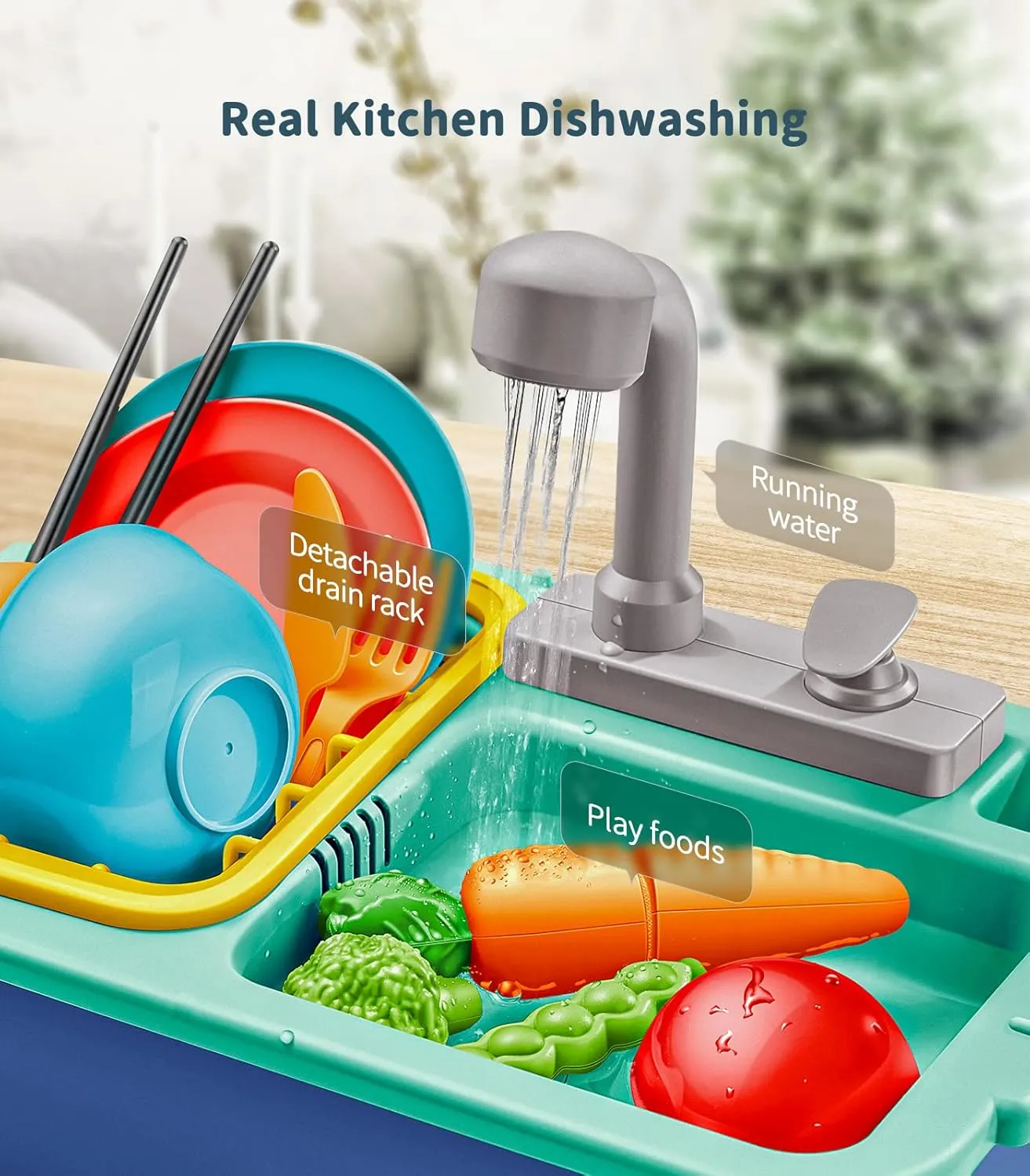 Geyiie Play Sink with Running Water - Kitchen Sink Toys for Kids and Toddlers with Upgraded Faucet, Cutting Food, Play Dishes, Pretend Role Play Kitchen Set, Ideal Sensory Gift for Girls Boys