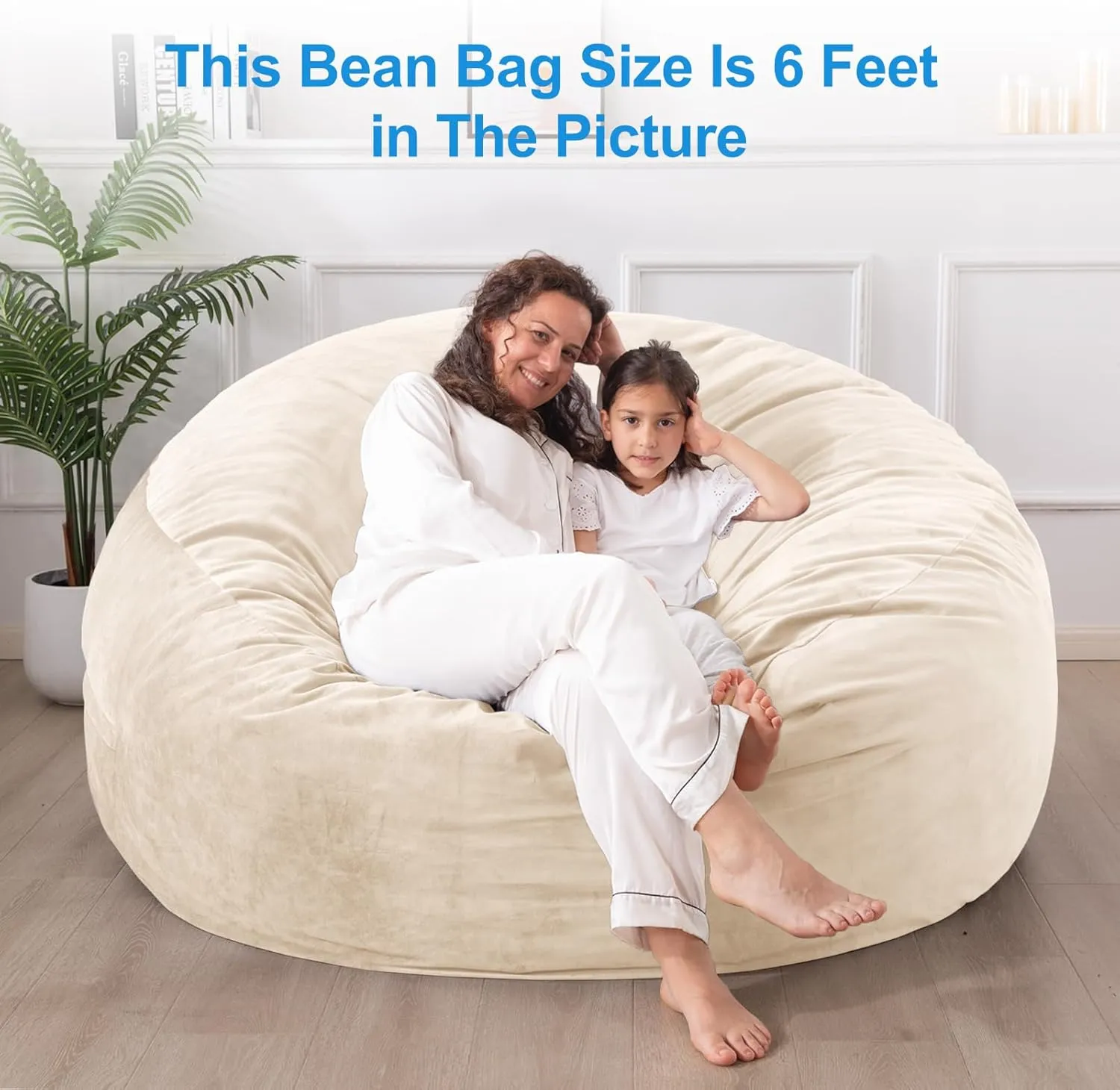 Giant Bean Bag Chair: 6 ft Memory Foam Bean Bag Chairs for Adults/Kids,Bean Bag Chair with Fillings,Soft Faux Fur Fabric - Dutch Velvet, Beige, 6 Foot