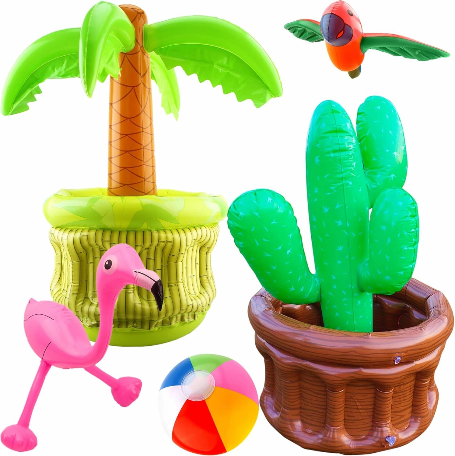Giant Inflatable Palm Tree Cooler Blow up Cactus Cooler Inflatable Flamingo Beach Ball Parrot Beach Ball Toys for Tropical Hawaiian Summer Pool Party Decorations