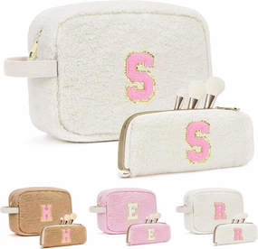 Gifts for Girls, Travel Makeup Bag for Women, Initial Make Up Bag Set for 6 7 8 9 10 11 12 13 Years Old Kids Tween Girls, Large Cosmetic Skincare Bags for Birthday Graduation Gifts, White S