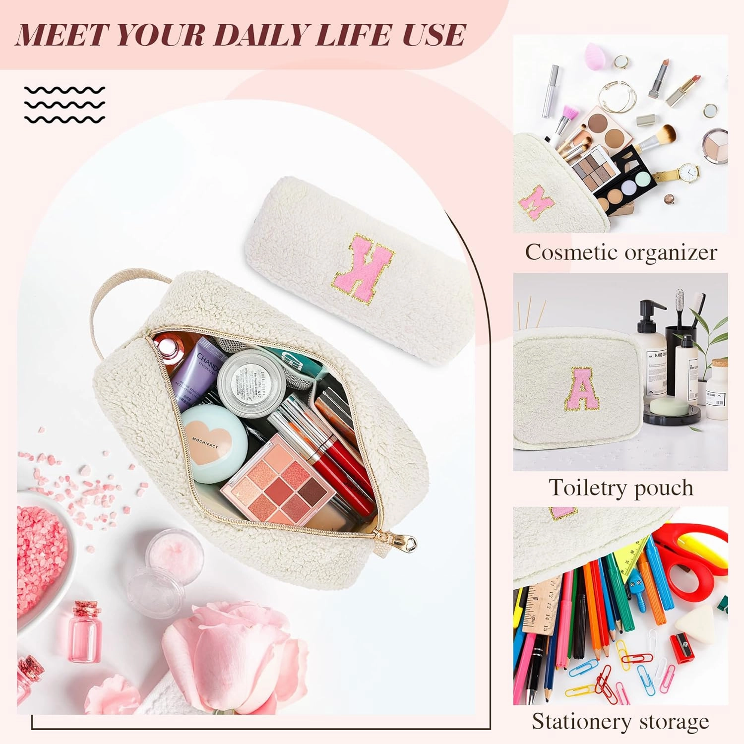 Gifts for Girls, Travel Makeup Bag for Women, Initial Make Up Bag Set for 6 7 8 9 10 11 12 13 Years Old Kids Tween Girls, Large Cosmetic Skincare Bags for Birthday Graduation Gifts, White S