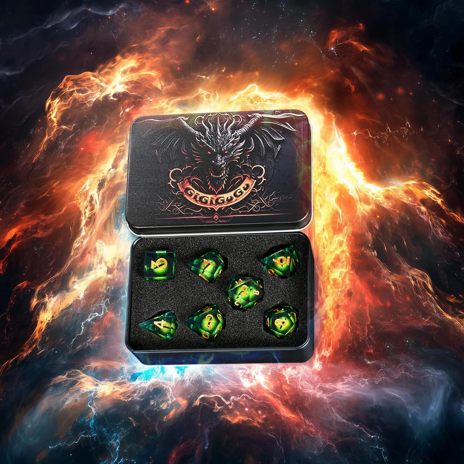 GiGiGuGu DND Dice Set - Liquid Core Beholder's Dragon Eye 7pcs Polyhedral Resin Dice with Sharp Edged and DND Metal Gift Box for RPG & Role Playing (D20, D12, D10/D%, D8, D6, D4) (Green)