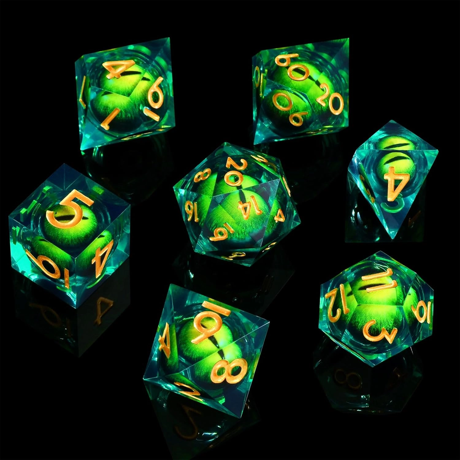 GiGiGuGu DND Dice Set - Liquid Core Beholder's Dragon Eye 7pcs Polyhedral Resin Dice with Sharp Edged and DND Metal Gift Box for RPG & Role Playing (D20, D12, D10/D%, D8, D6, D4) (Green)