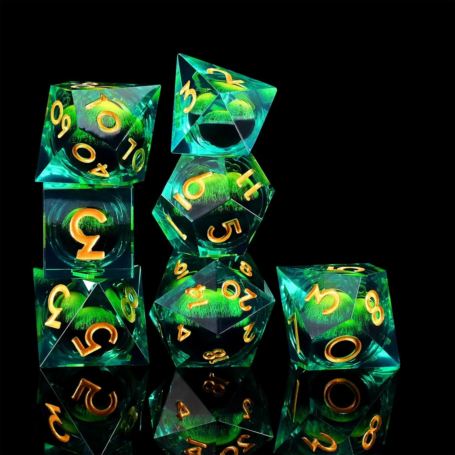 GiGiGuGu DND Dice Set - Liquid Core Beholder's Dragon Eye 7pcs Polyhedral Resin Dice with Sharp Edged and DND Metal Gift Box for RPG & Role Playing (D20, D12, D10/D%, D8, D6, D4) (Green)