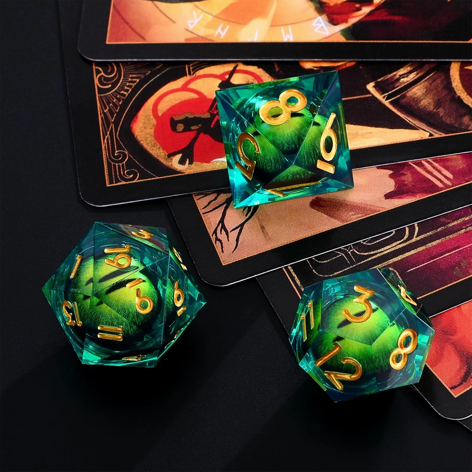 GiGiGuGu DND Dice Set - Liquid Core Beholder's Dragon Eye 7pcs Polyhedral Resin Dice with Sharp Edged and DND Metal Gift Box for RPG & Role Playing (D20, D12, D10/D%, D8, D6, D4) (Green)