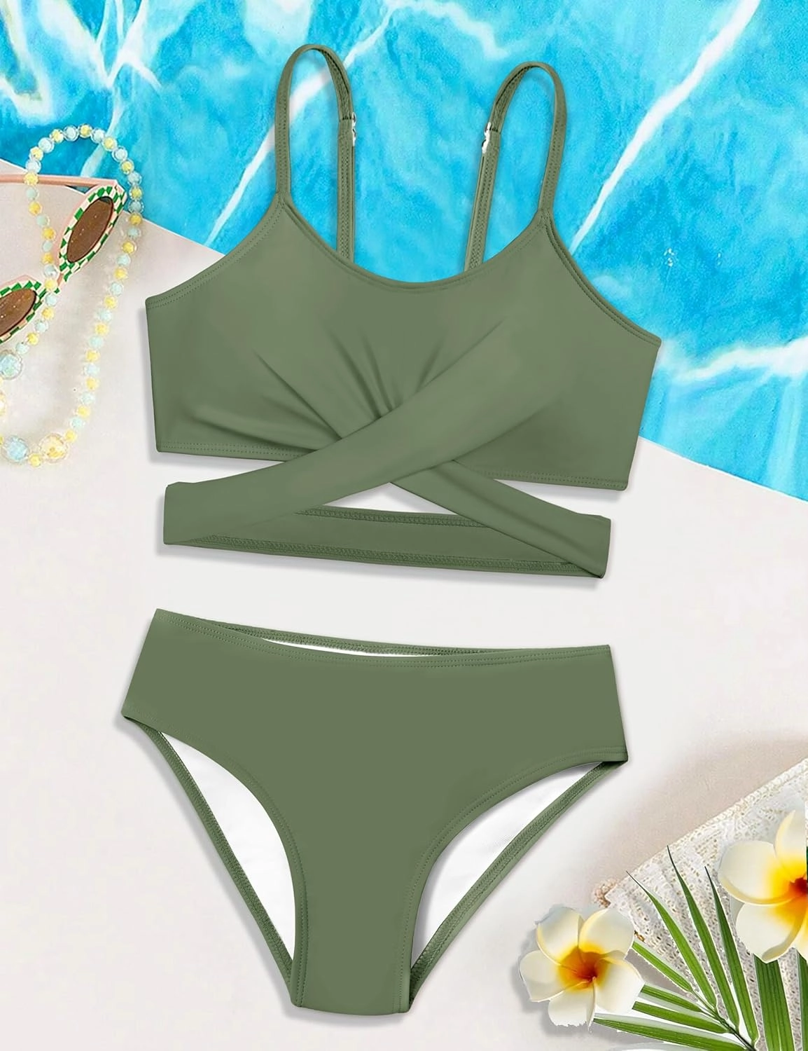 Girls Swimsuit Bathing Suits Criss Cross Bikini Set Two Piece Girls' Swimwear Solid Color Bathing Suit 7-16T