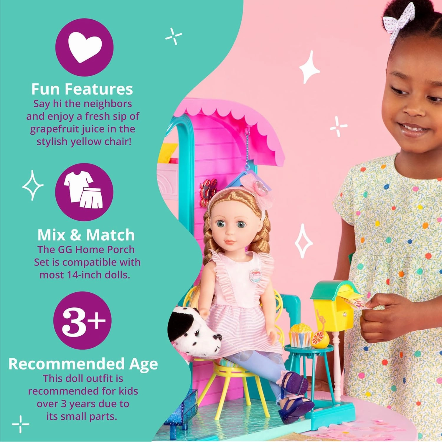 Glitter Girls – GG Home Porch Set – Doll House Patio Furniture Playset with Dog Bed, Flower Chair, Mailbox, Table, and More! – 14-inch Doll Accessories for Kids Ages 3 and Up