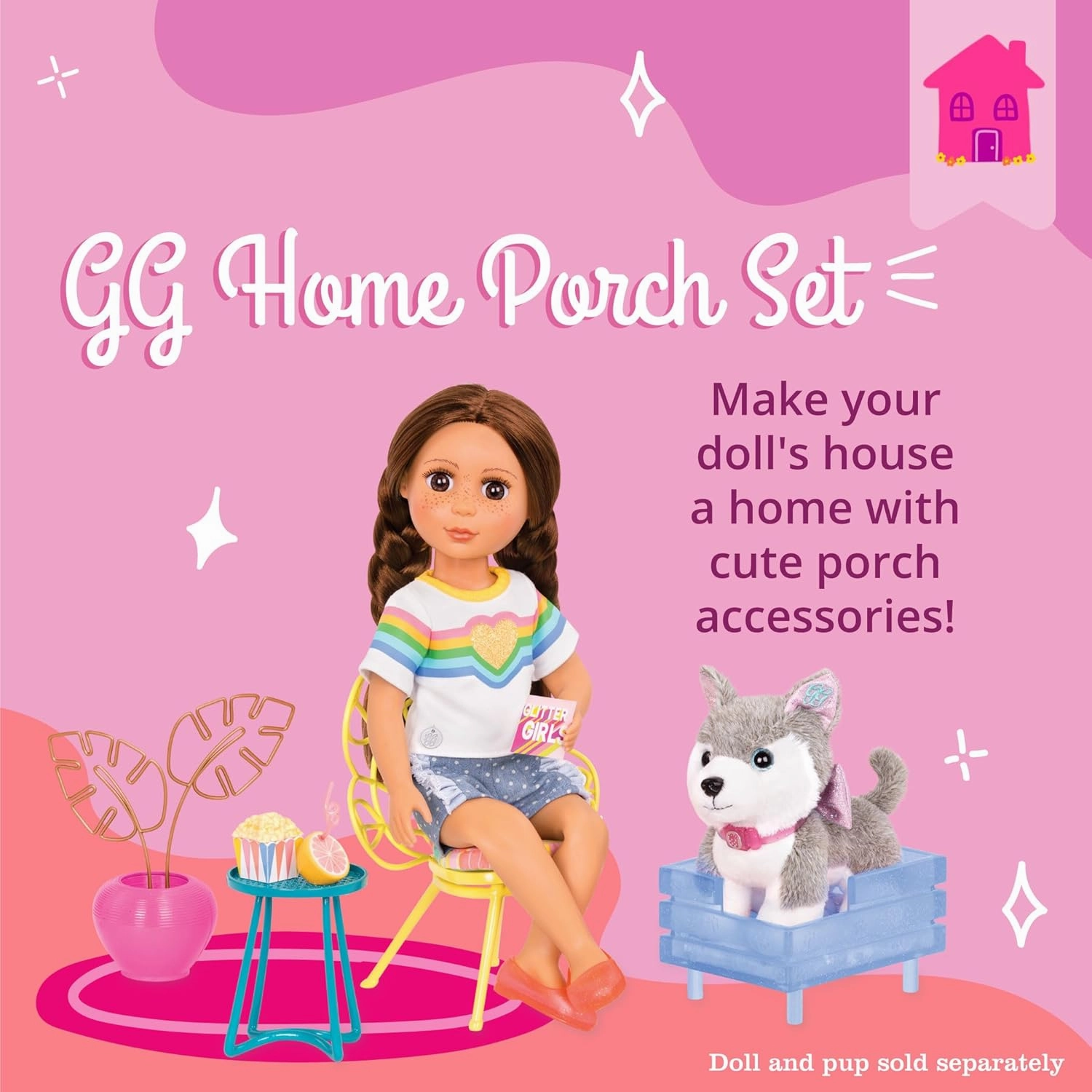 Glitter Girls – GG Home Porch Set – Doll House Patio Furniture Playset with Dog Bed, Flower Chair, Mailbox, Table, and More! – 14-inch Doll Accessories for Kids Ages 3 and Up