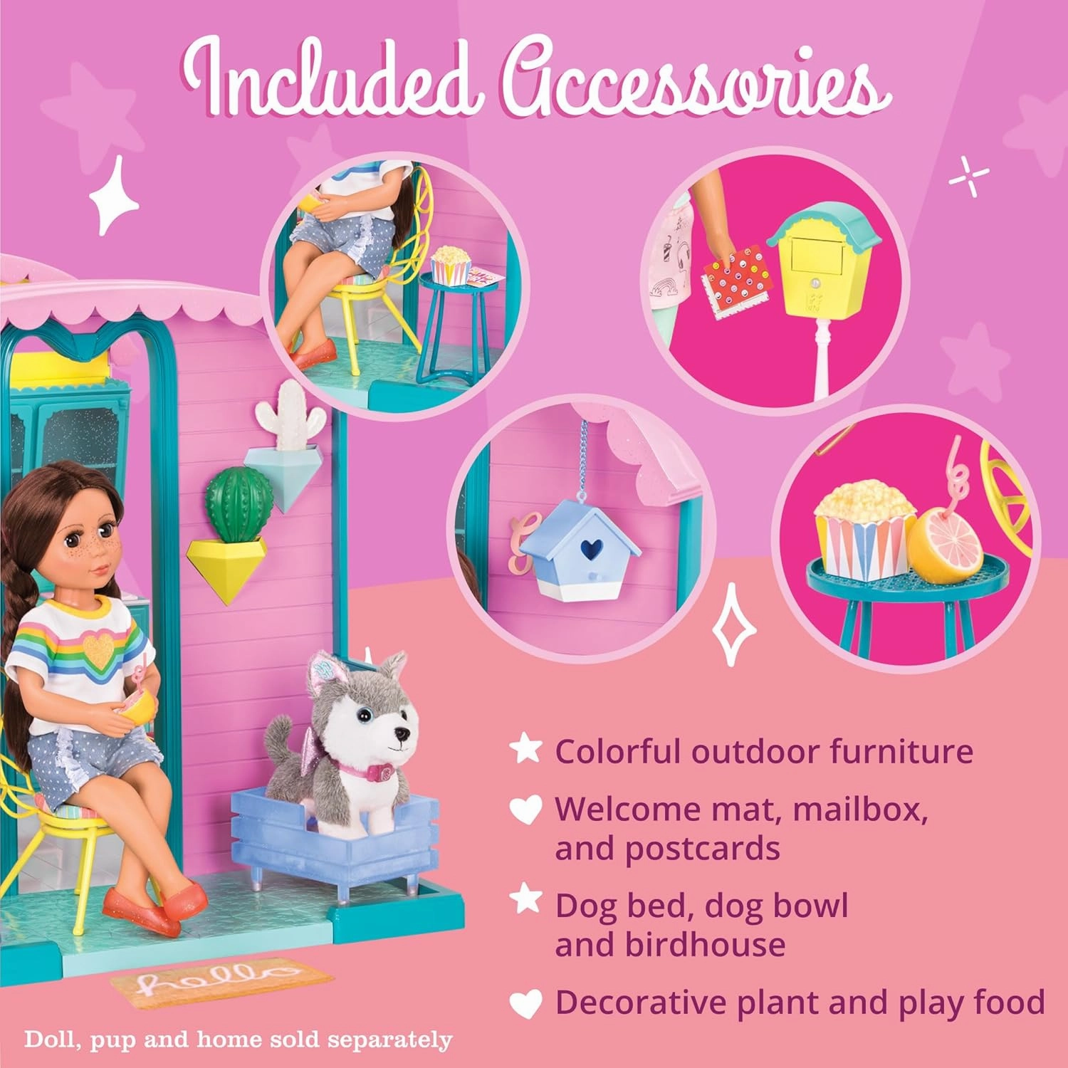 Glitter Girls – GG Home Porch Set – Doll House Patio Furniture Playset with Dog Bed, Flower Chair, Mailbox, Table, and More! – 14-inch Doll Accessories for Kids Ages 3 and Up