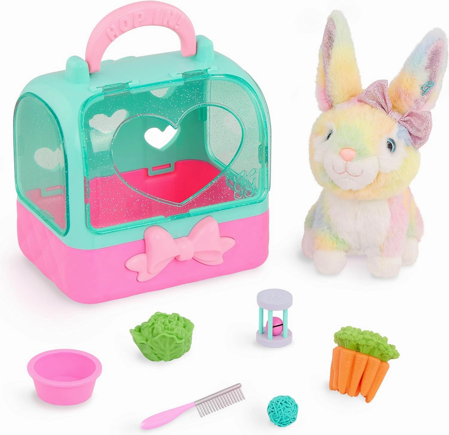 Glitter Girls – Multicolored Stuffed Rabbit – Pet Carrier with Handle – Play Food & Pet Comb – Accessories for 14-inch Dolls – Toys for Kids 3 Years  – Lulu & GG Bunny Carrier Playset