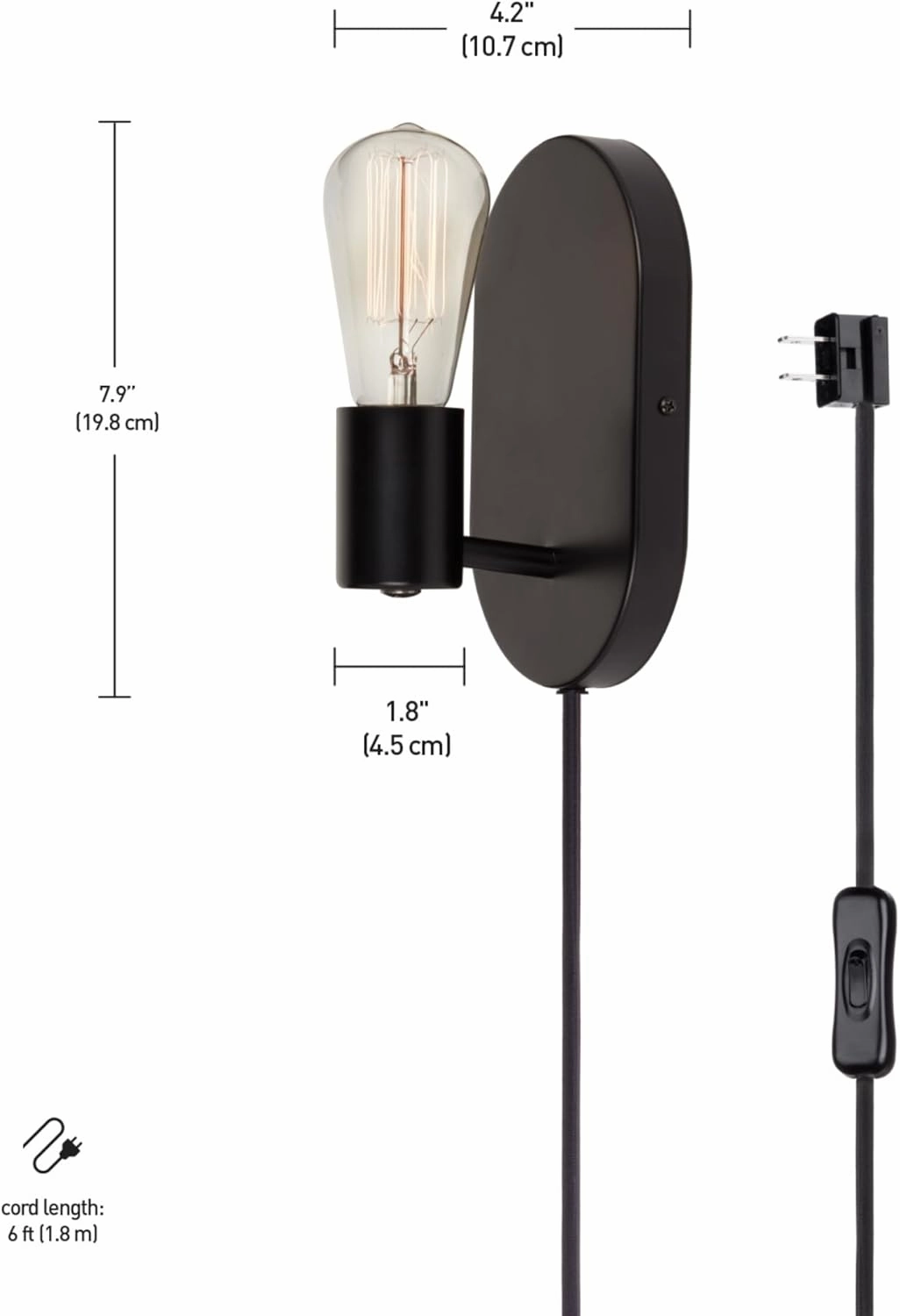 GLOBE Electric 51488 1-Light Plug-in or Hardwire Wall Sconce, Matte Black, 6ft Black Fabric Covered Cord, Inline On/Off Rocker Switch, Wall Lights for Bedroom, Bulb Not Included