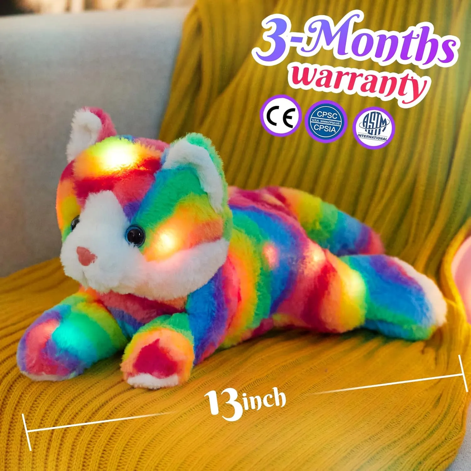 Glow Guards Light up Rainbow Cat Stuffed Animal Soft Kitty Plush Toy with LED Night Light Christmas Children's Day Birthday Gifts for Toddlers Kids Boys and Girls Children, 13''