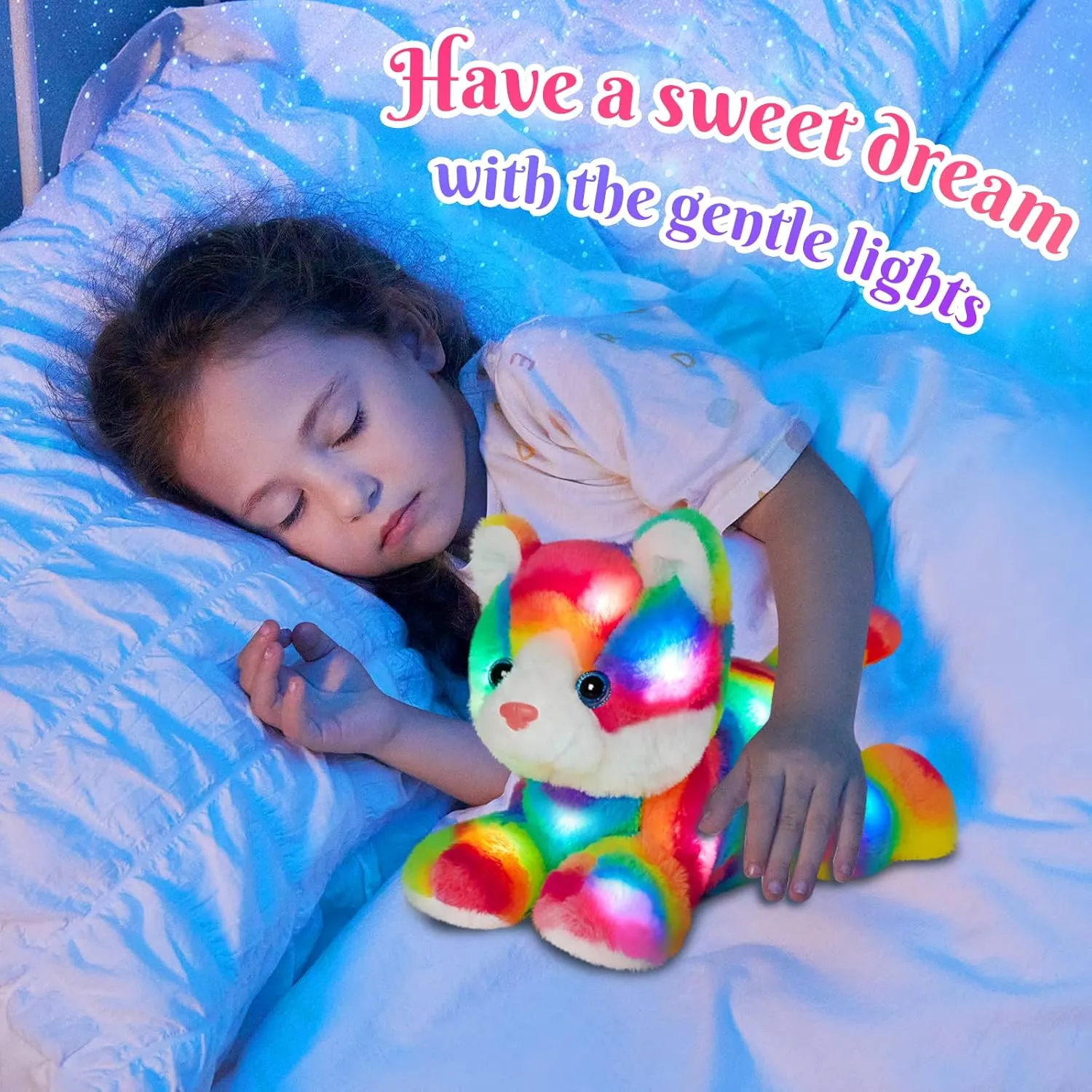 Glow Guards Light up Rainbow Cat Stuffed Animal Soft Kitty Plush Toy with LED Night Light Christmas Children's Day Birthday Gifts for Toddlers Kids Boys and Girls Children, 13''