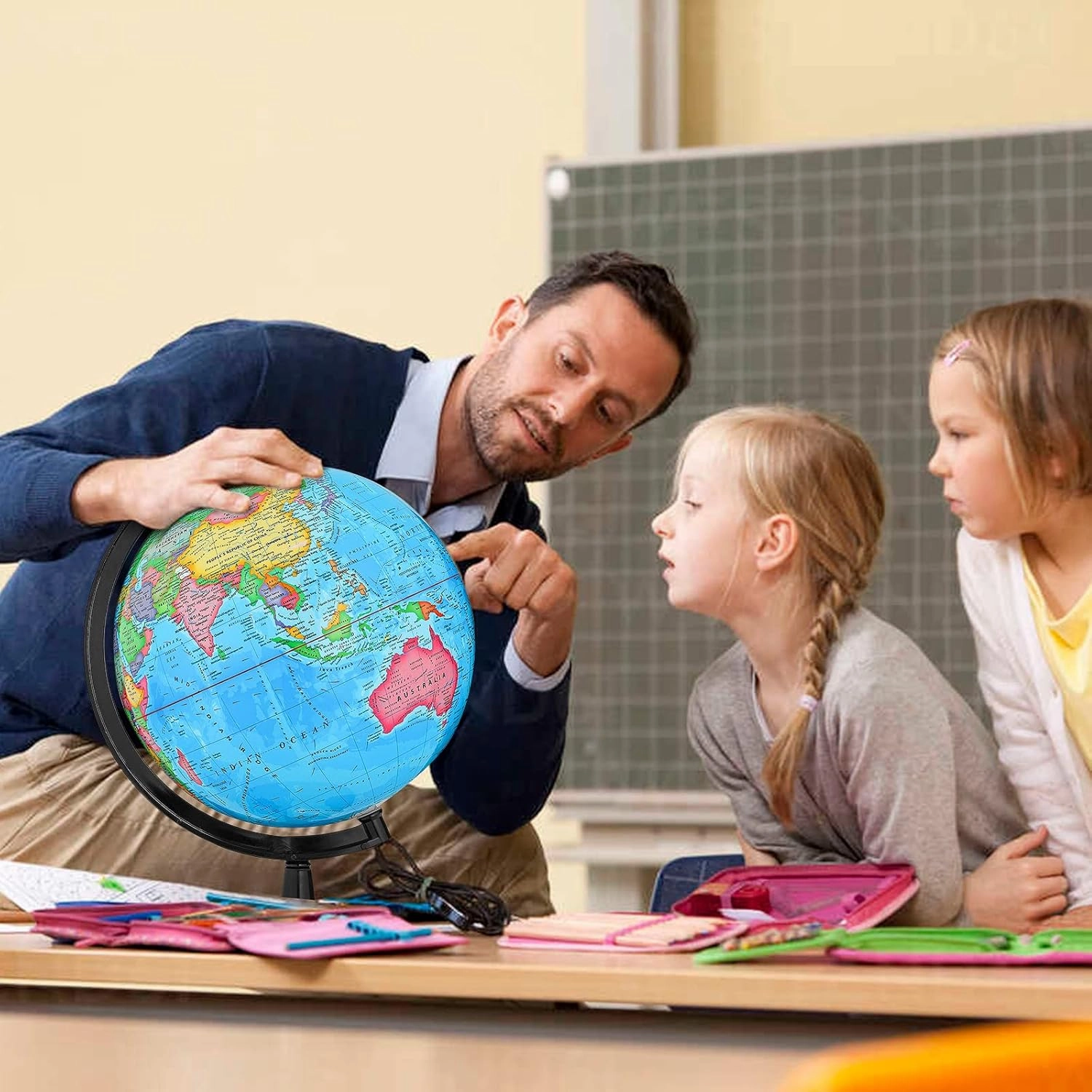 GOCHANGE Classroom Globe, 13" Globes for Kids for Political Teaching with HD Waterproof & Writable Erasable Surface, Full Length 19.7 inch, 360° Spinning Globe for Education & Desk Decor
