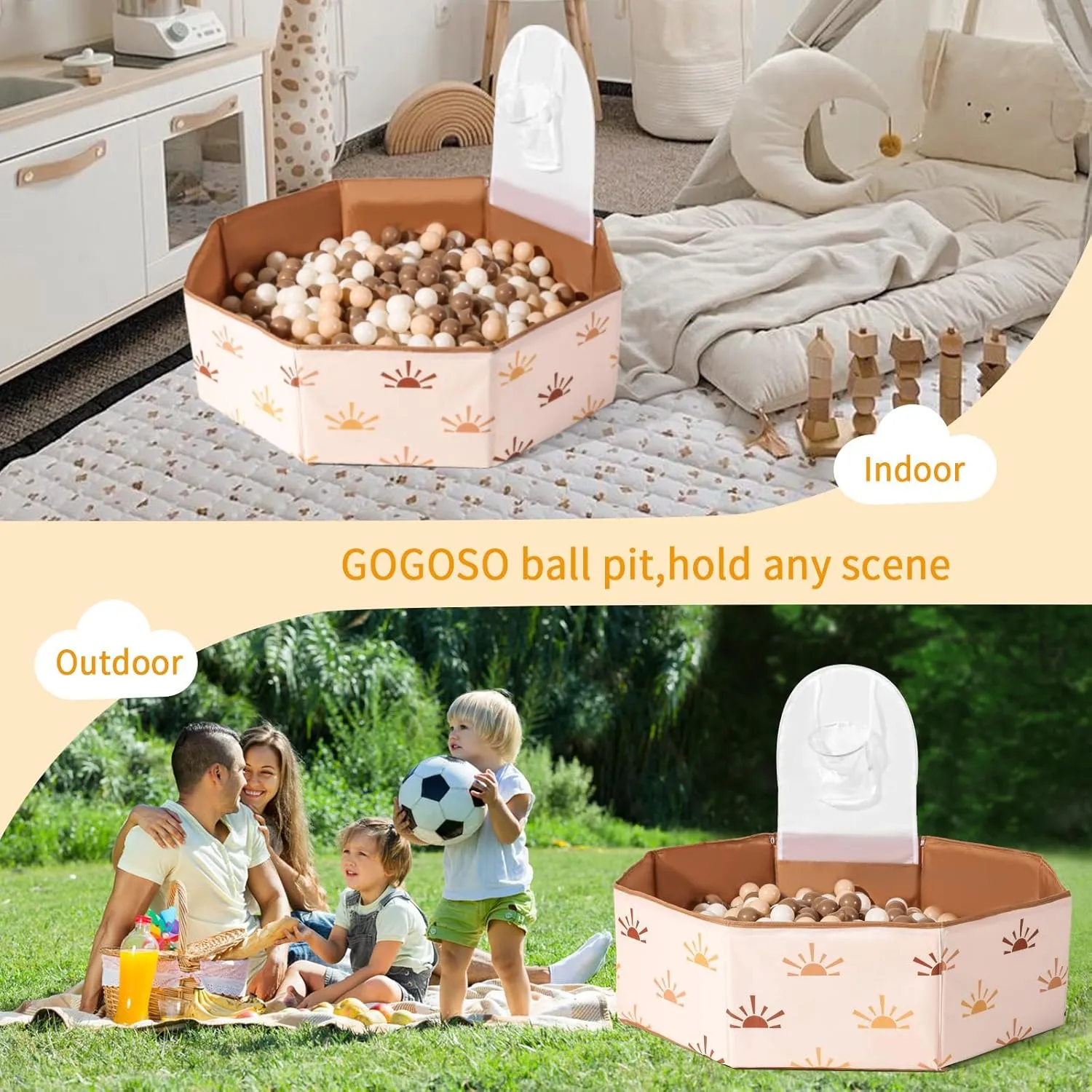 GOGOSO Foldable Ball Pit for Toddlers Large Soft Indoor Outdoor Pop Up Baby Kids Infant Ballpit Big Collapsible Puppy Dog Cat Pits with Basketball Hoop (Balls Not Included), Sun Print