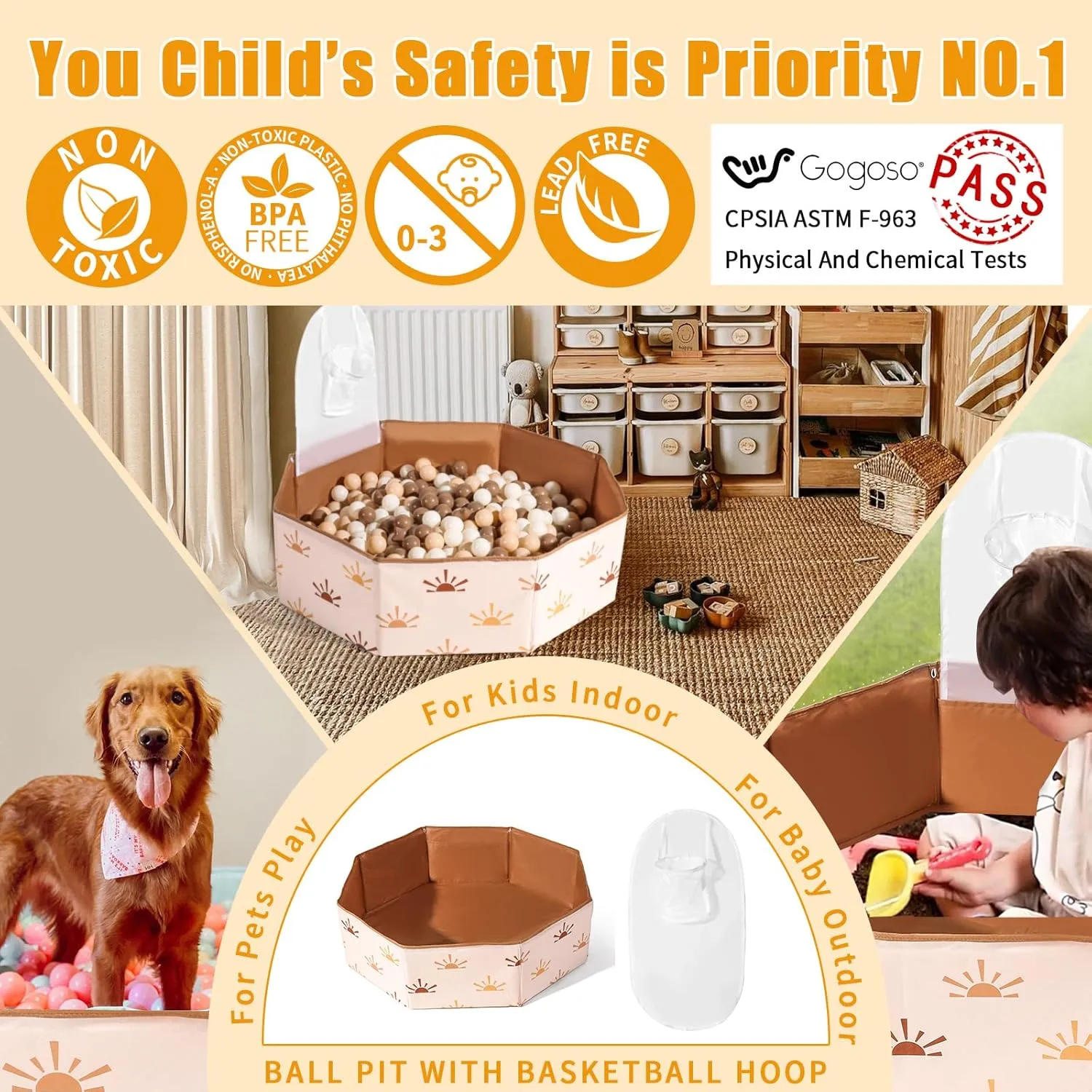 GOGOSO Foldable Ball Pit for Toddlers Large Soft Indoor Outdoor Pop Up Baby Kids Infant Ballpit Big Collapsible Puppy Dog Cat Pits with Basketball Hoop (Balls Not Included), Sun Print