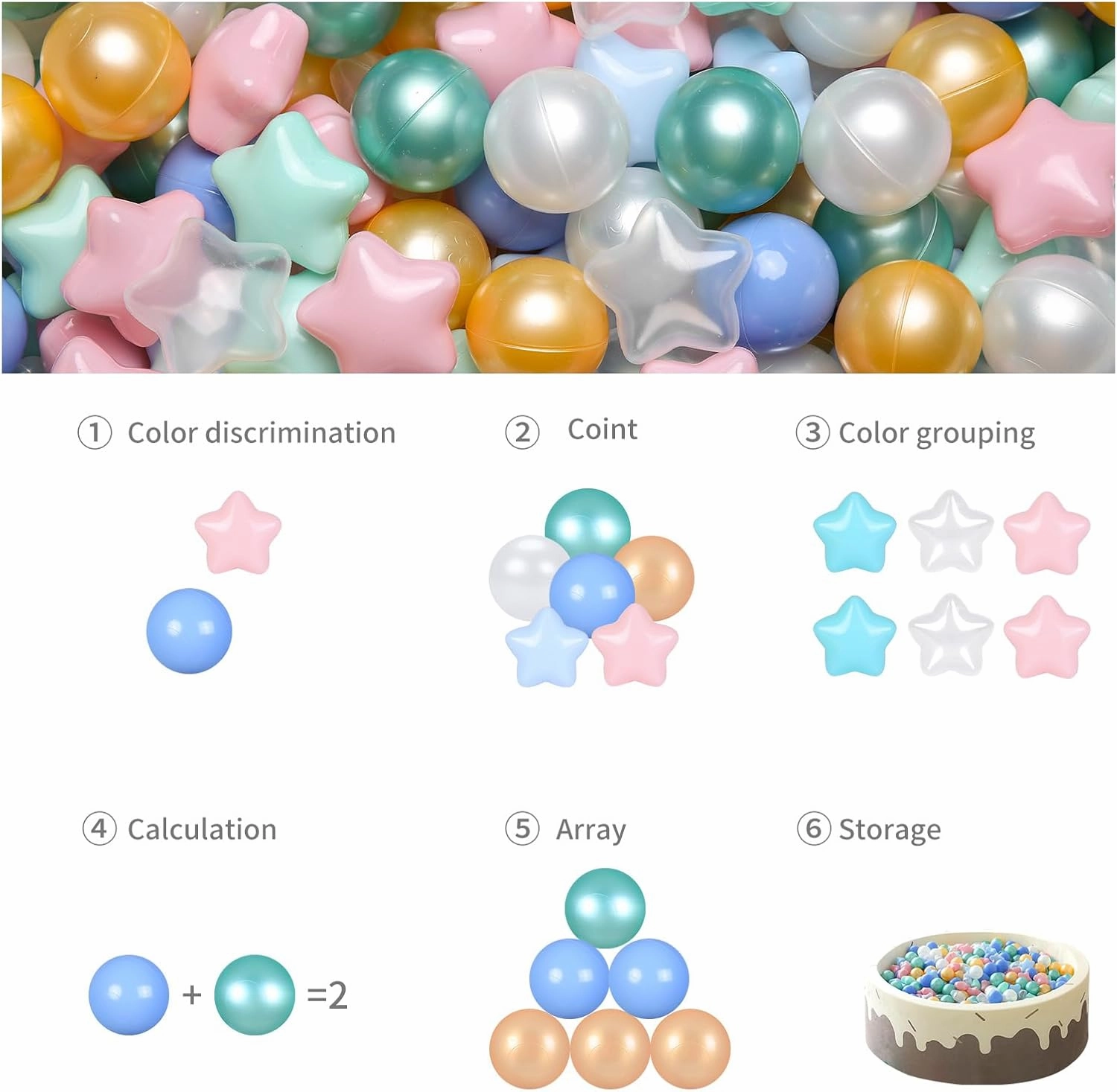 GOGOSO Ball Pit Balls for Toddlers Phthalate-Free BPA-Free Non-Toxic Crush Proof Soft Plastic Play Balls Baby Kids Shape Tent Pool Playhouse Playpen Party Decor, Pink Green Gold Blue White 100PCS