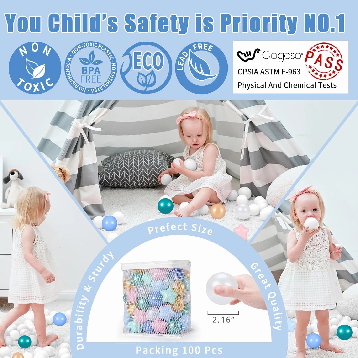 GOGOSO Ball Pit Balls for Toddlers Phthalate-Free BPA-Free Non-Toxic Crush Proof Soft Plastic Play Balls Baby Kids Shape Tent Pool Playhouse Playpen Party Decor, Pink Green Gold Blue White 100PCS