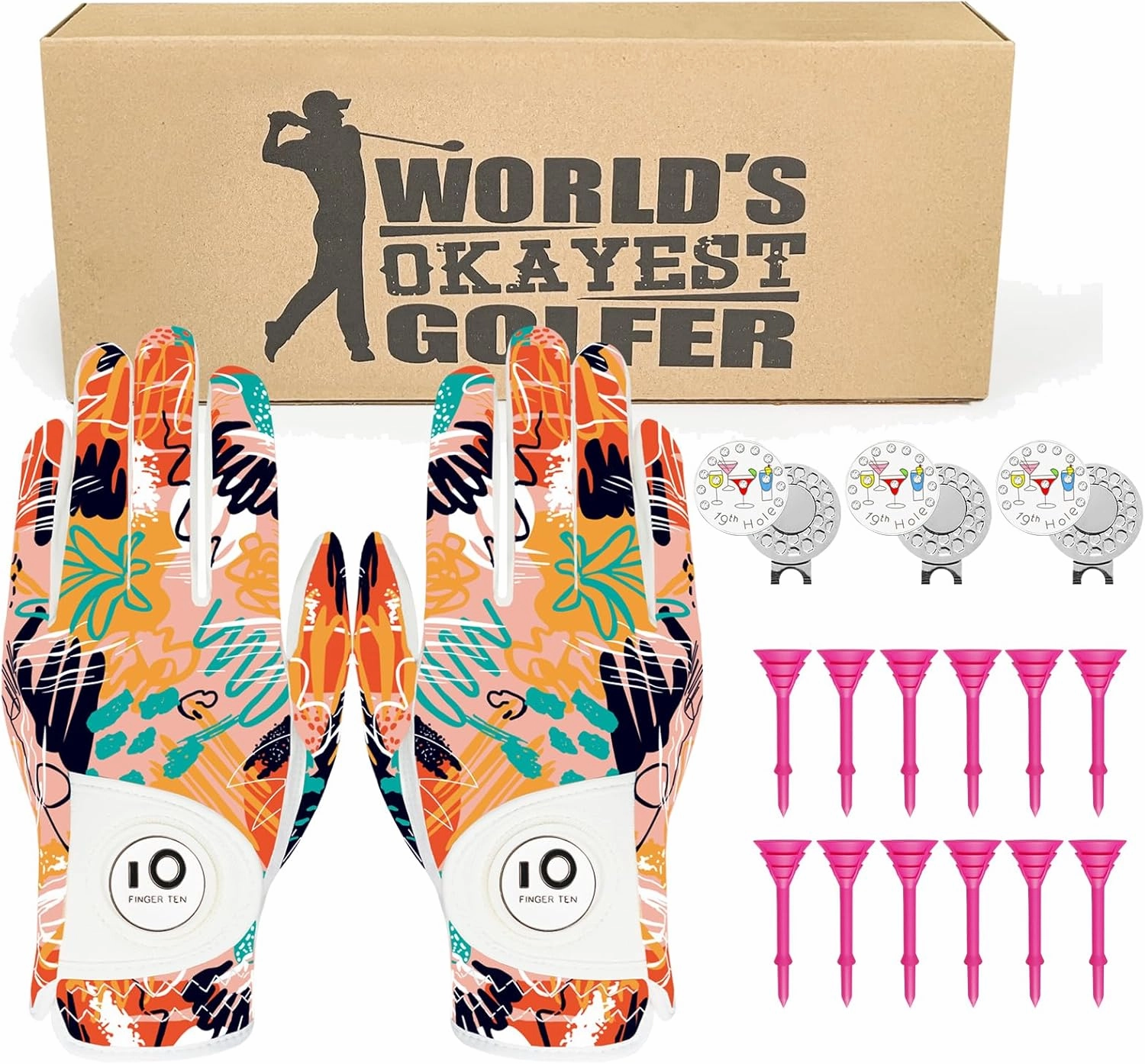 Golf Gloves Women Left Right Hand Leather Value 1 Pair with Hat Clip Ball Marker Golf Tees Pink, Gift Box for Ladies Golfer All Weather Grip