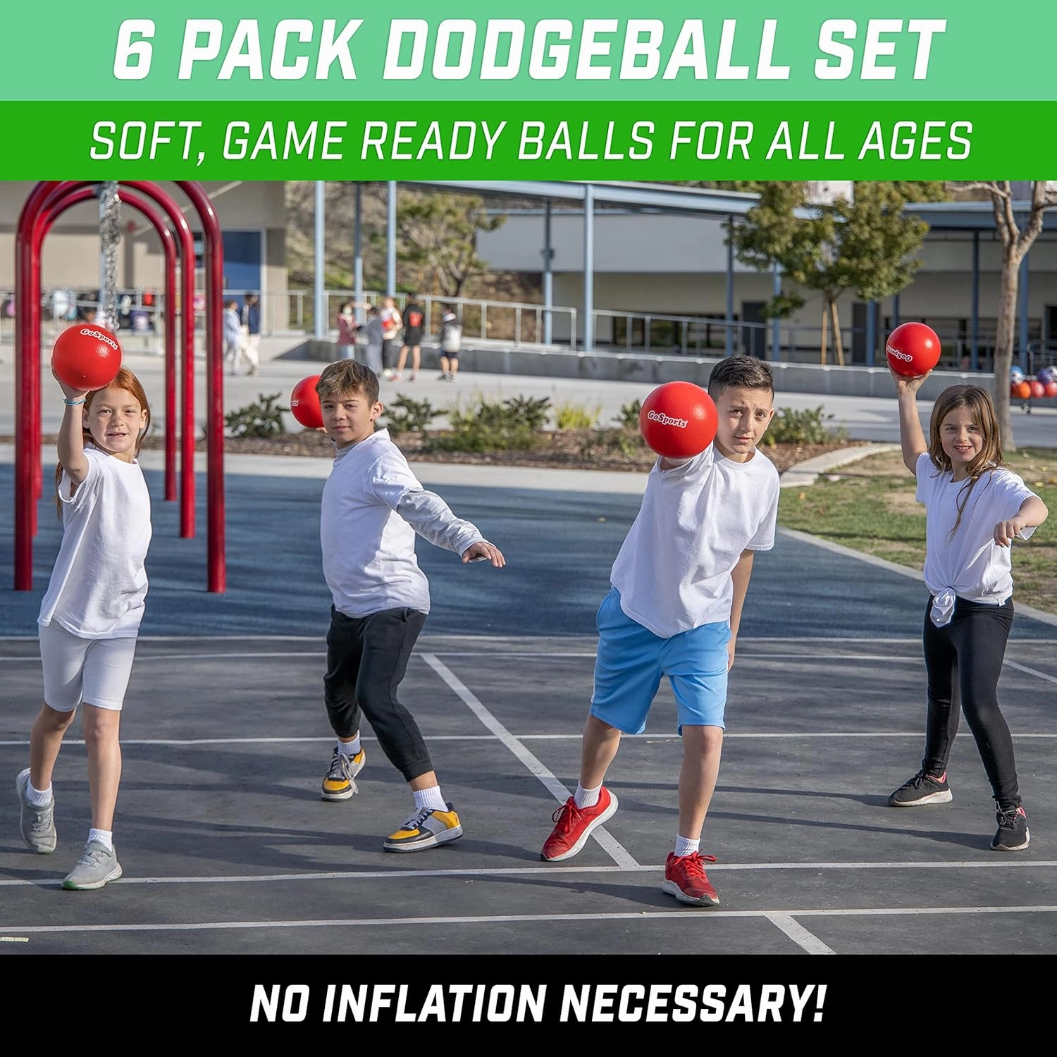 GoSports Soft Skin Foam Playground Dodgeballs - Choose 6 or 7 Inch No Sting Balls for Kids - Set of 6 Includes Mesh Carry Bag