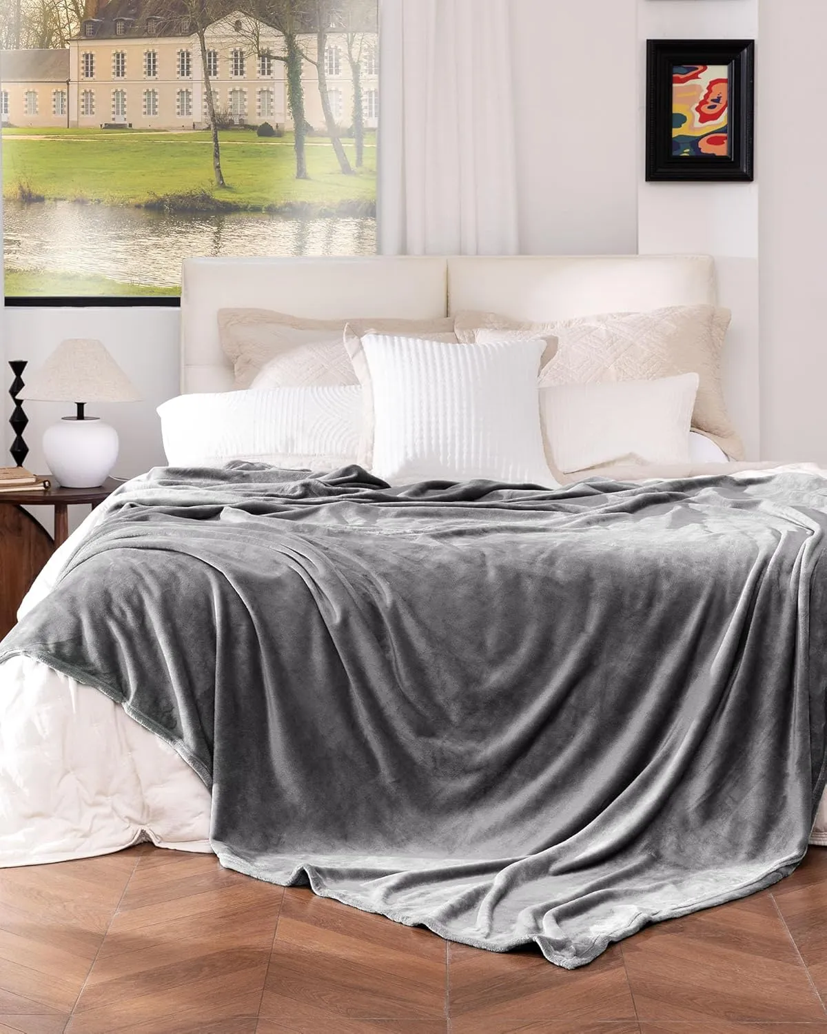 Gray Fleece Blanket King Size, Soft Cozy Blankets for Bed and Couch, Machine Washable Luxury Microfiber, Lightweight Portable Plush Blanket for Travel, Camping, Pets, Women, Adults