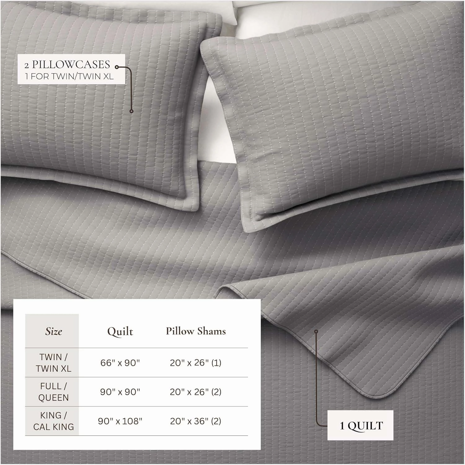 Great Bay Home Full/Queen Quilt Bedding Set, 3-Piece Lightweight Summer Channel Stitch Quilt Set with Shams, Ultra Soft Ash Grey Bedspreads, Quilted Bedding Coverlets for All Seasons