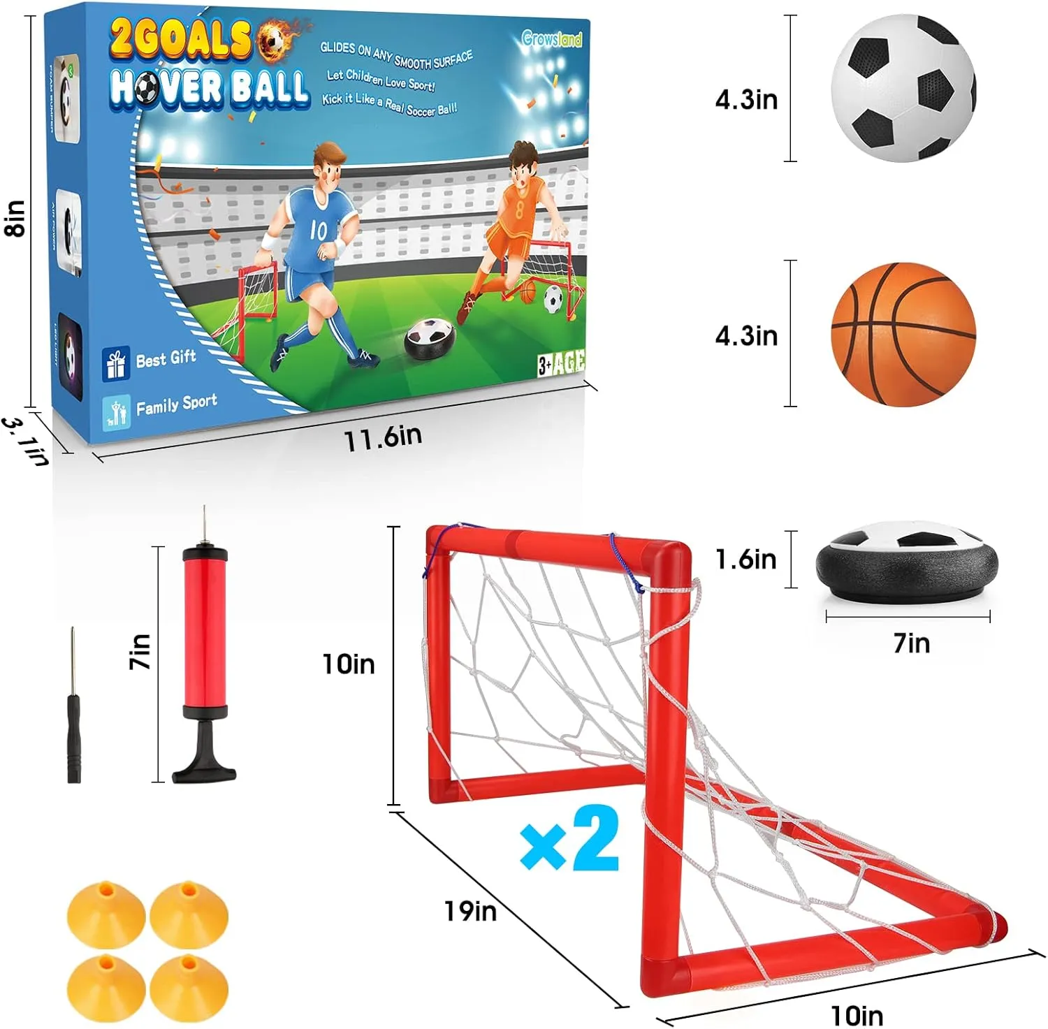 Growsland Boy Toys Hover Soccer Ball with 2 Goals, Indoor Soccer Gifts for Boys, LED Hover Ball with Foam Bumper Inflatable Soccer Toys for 3 4 5 6 7 8 9 10  Years Old Girls Boys