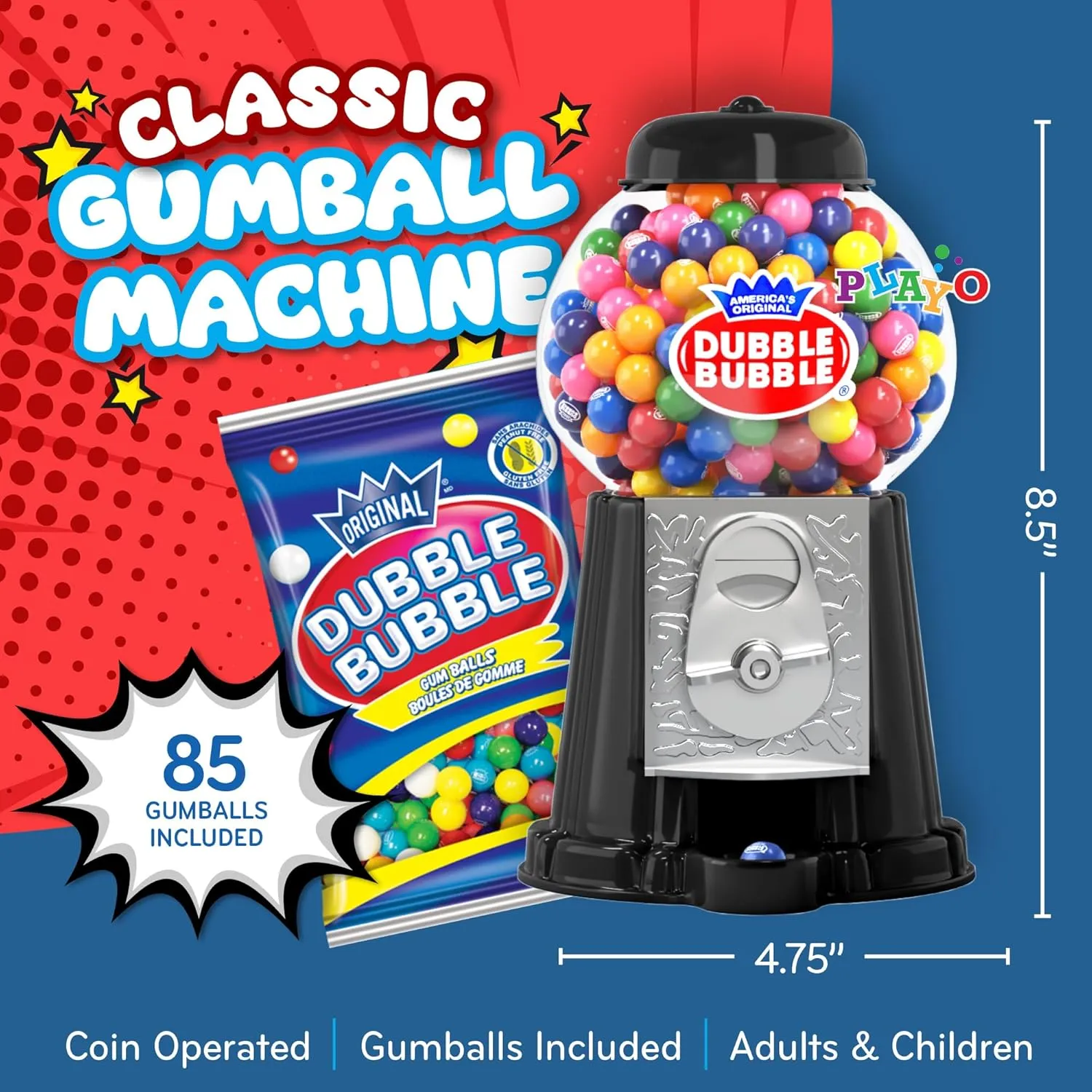 Gumball Machine Halloween Candy - for Kids 8.5" - Coin Operated Toy Bank - Dubble Bubble Gum Machine Classic Red Style Includes 85 Gum Balls - Kids Coin Bank - Candy Dispenser - (Black) - Playo