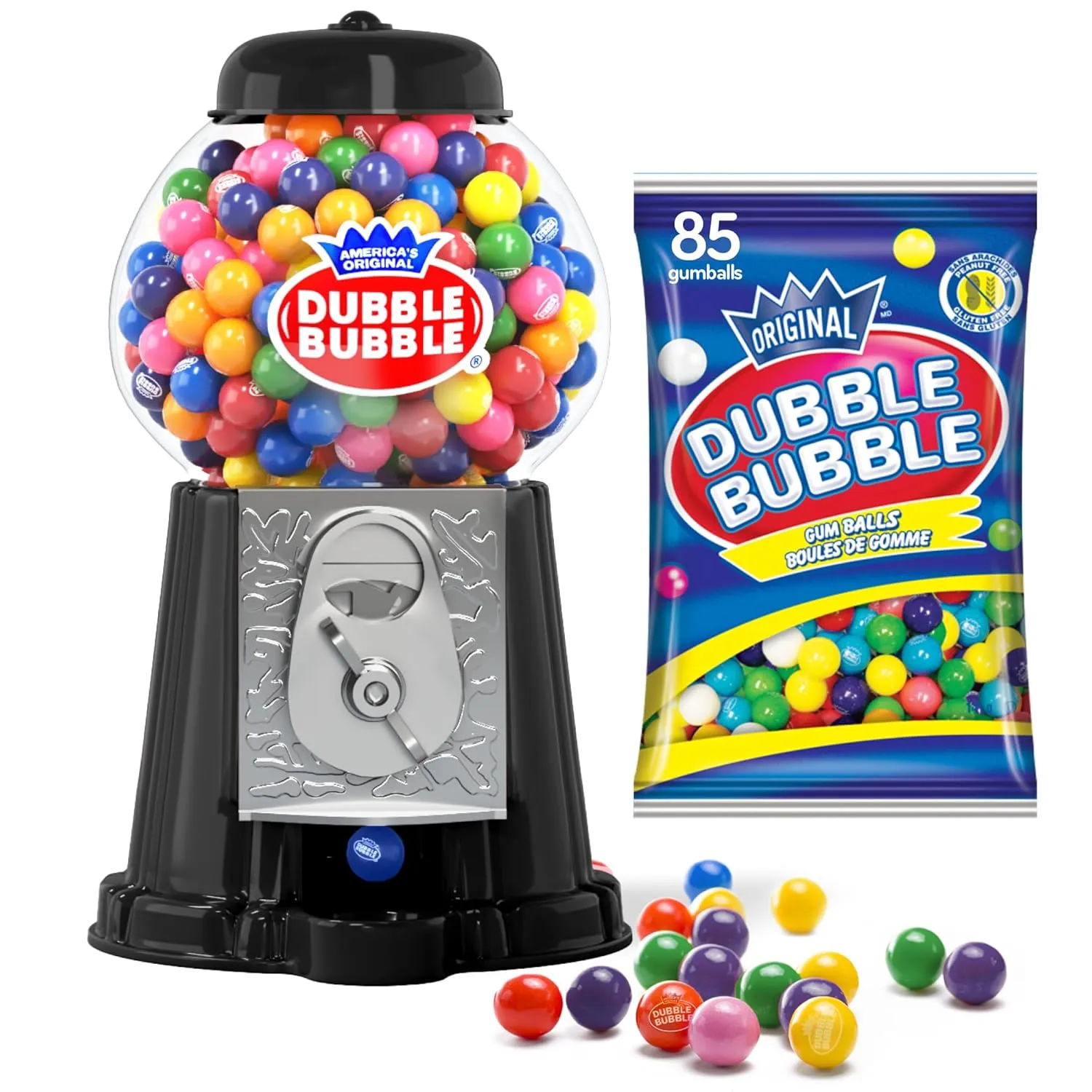 Gumball Machine Halloween Candy - for Kids 8.5" - Coin Operated Toy Bank - Dubble Bubble Gum Machine Classic Red Style Includes 85 Gum Balls - Kids Coin Bank - Candy Dispenser - (Black) - Playo