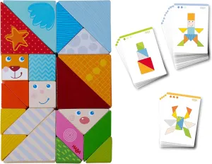 HABA Wooden Stacking Toys Funny Faces Tangram STEM Toys – 21 Geometric Shapes & 20 Challenge Cards – Educational Wooden Blocks for Toddlers & Preschoolers Ages 3 , Made in Germany